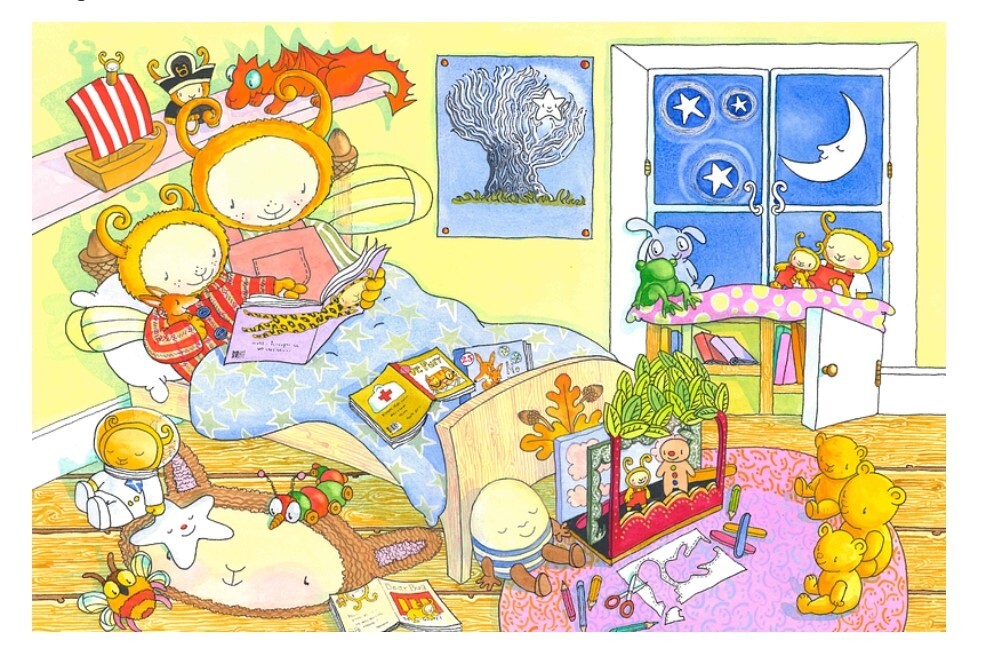 A colorful illustration of a cozy bedroom scene at night. Two child-like characters with antennae are sitting in bed reading a book together under a blue star-patterned blanket. Around the room are various playful details: a stuffed astronaut toy and a large furry creature lying on the floor, a small egg-shaped character sitting near a toy theater with animal figures, and teddy bears on a pink rug with crayons and paper.