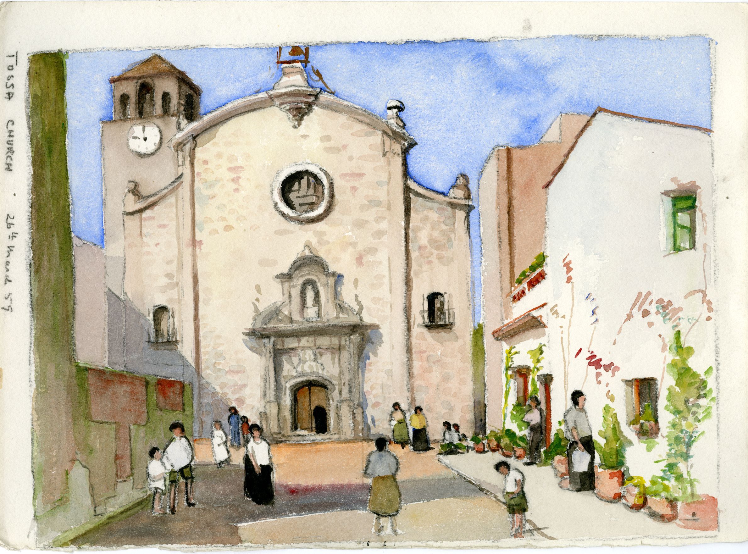 Watercolour painting of a Spanish church square with figures, labelled 'Tossa Church, 26th March 1959' by D.B. Keith