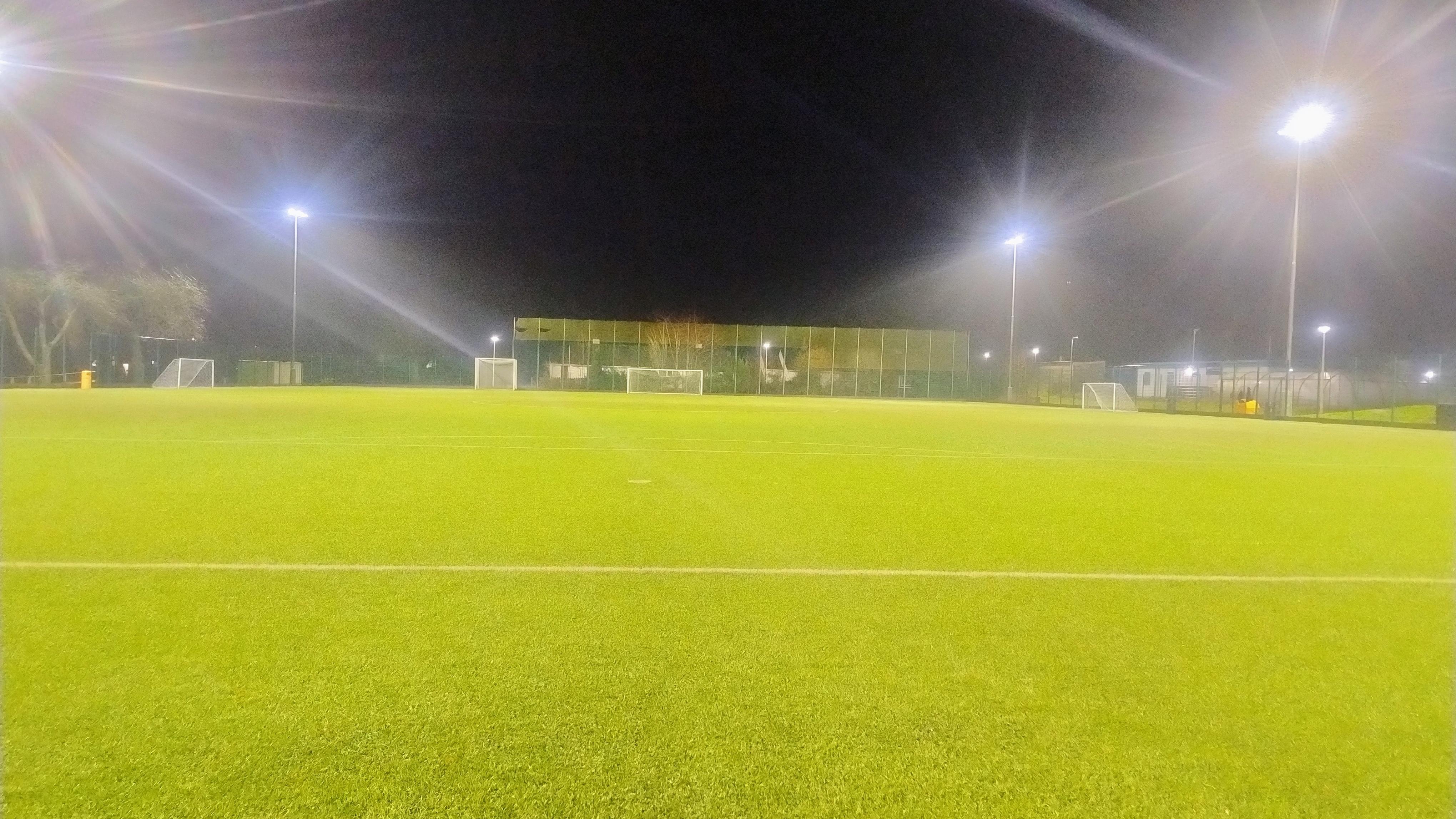 Astro turf marked with pitch lines, featuring multiple goals and ample lighting.