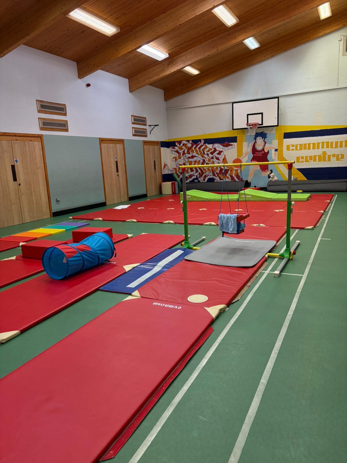 The hall is equipped with children's play mats and a swing. The flooring features markings for a badminton court, and a basketball hoop is installed on the end wall.