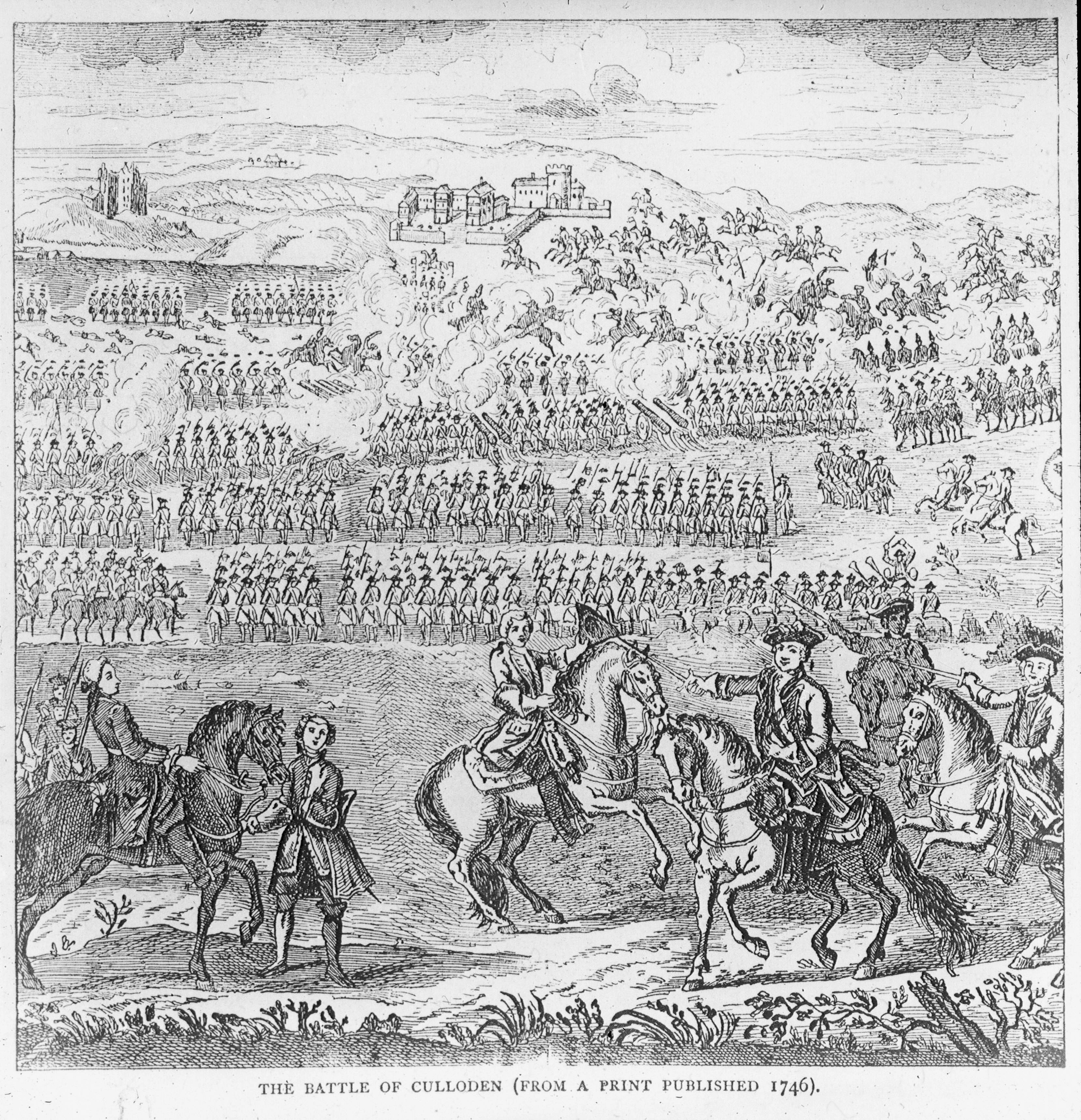 A contemporary print published in 1746 depicting opposing armies facing each other across the battlefield at Culloden, with cavalry in the foreground.