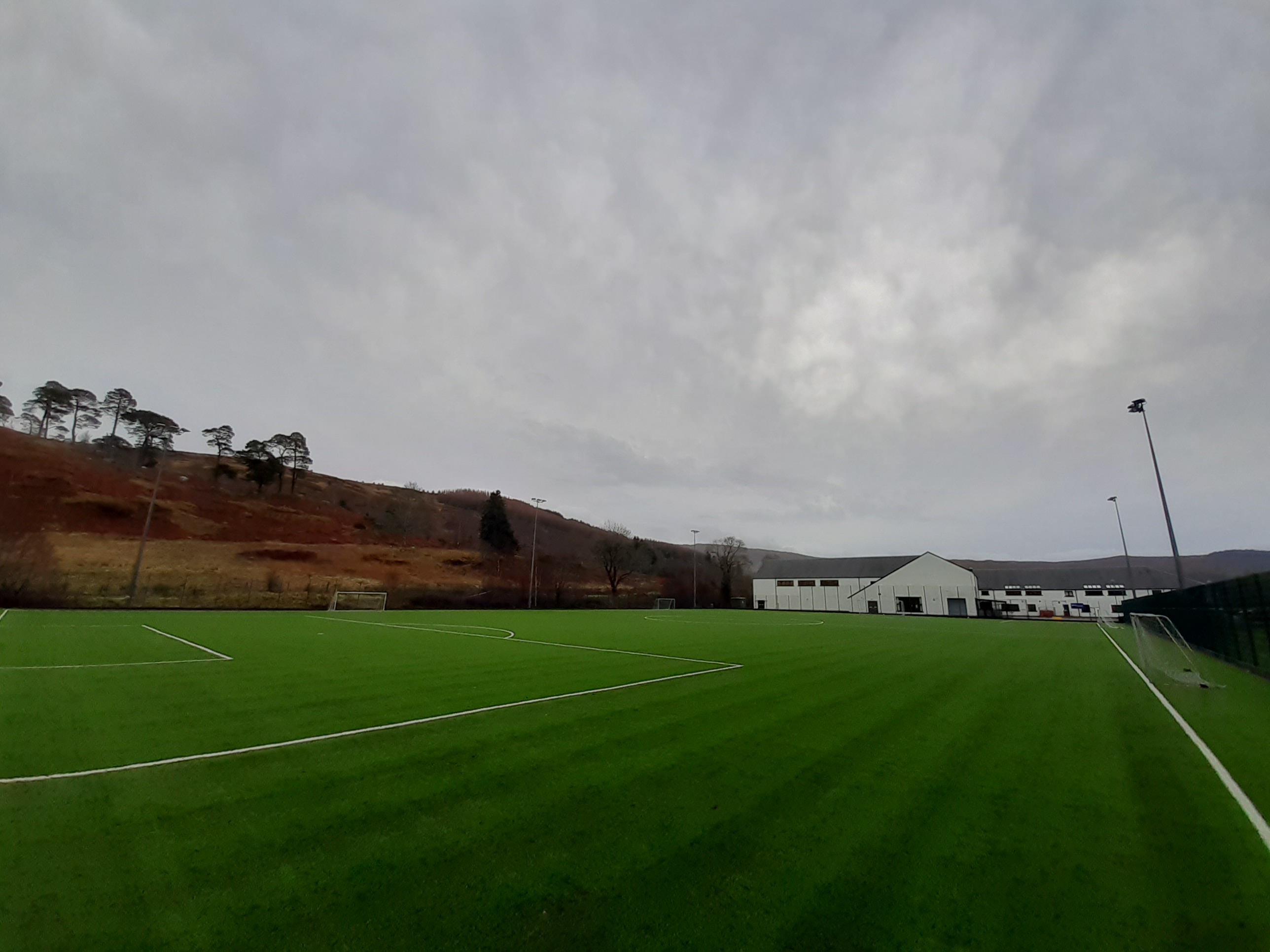 A grass playing field delineated by marked lines and equipped with goals.