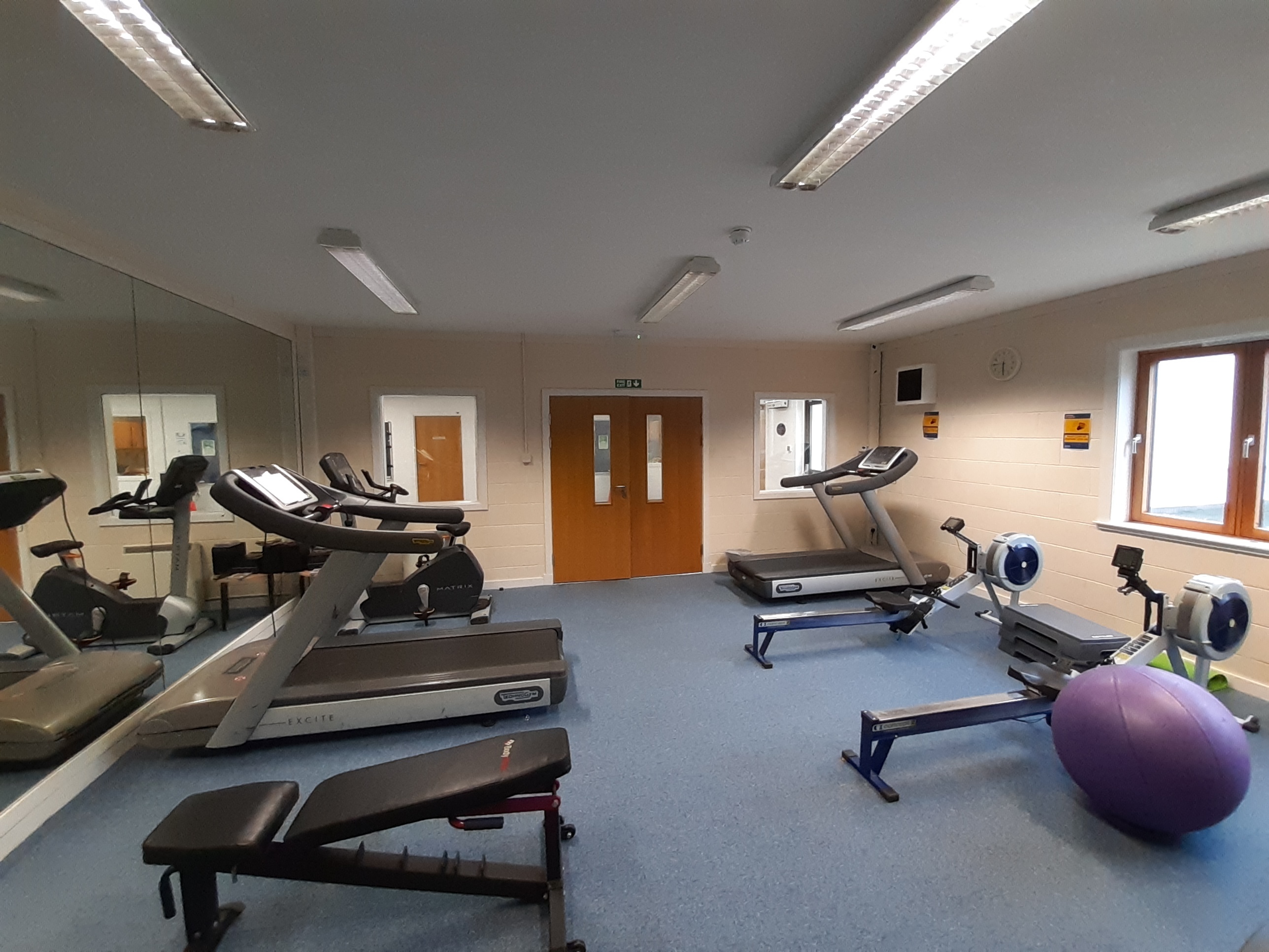 A gym equipped with a variety of fitness apparatus, including weights and balance balls.