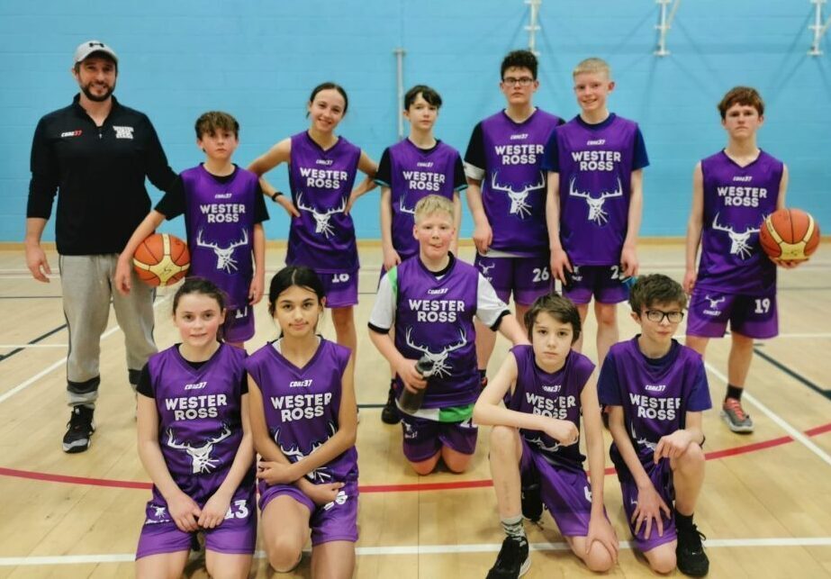 Basketball team wearing purple Wester Ross jerseys posing on an indoor court with two basketballs and a coach standing beside them.