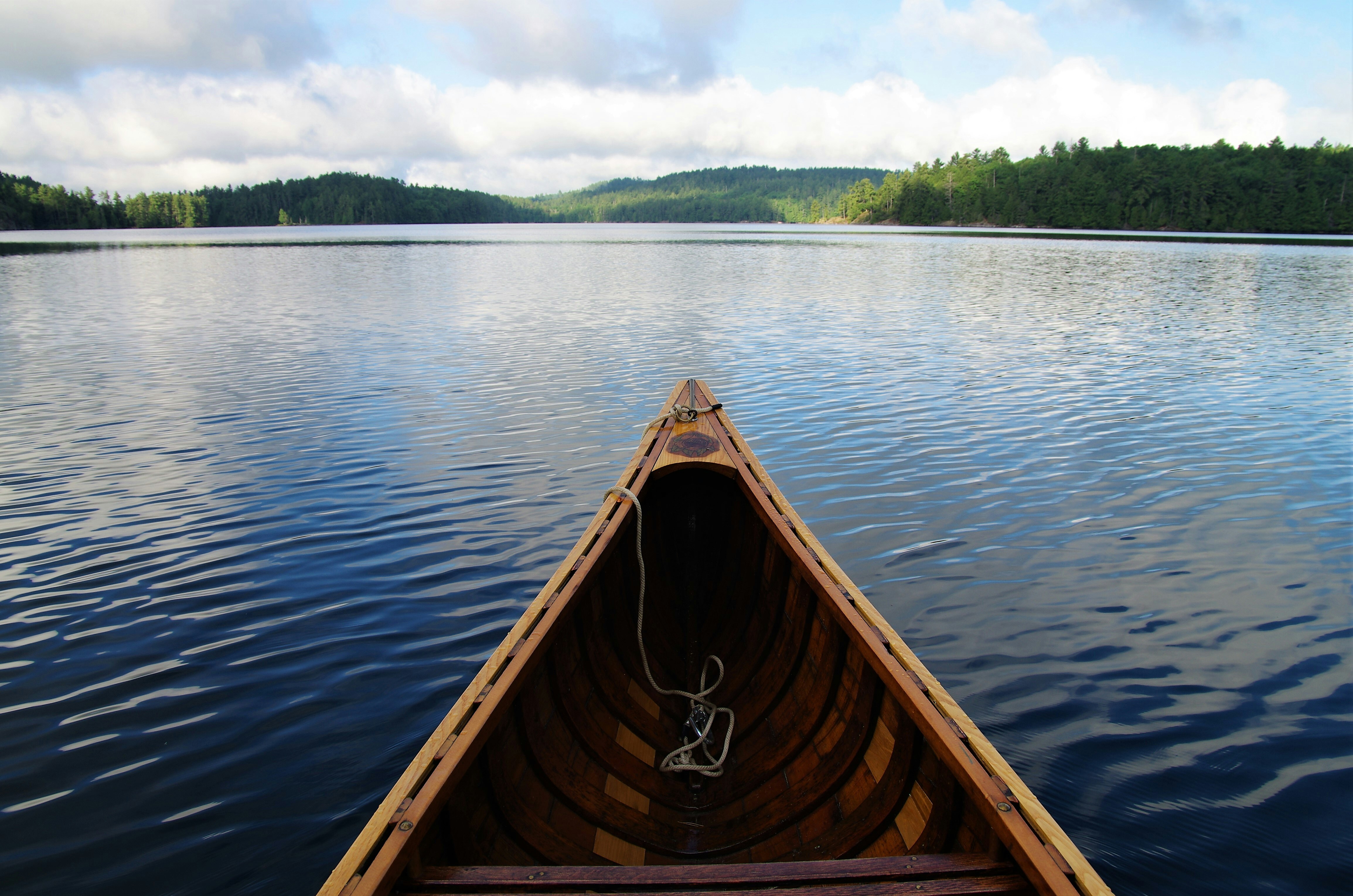 The front of a canoe on a body of water