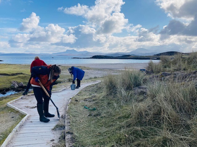 Volunteers working on a wooden boardwalk near a sandy beach, using tools to clear and repair the path with coastal scenery in the background.