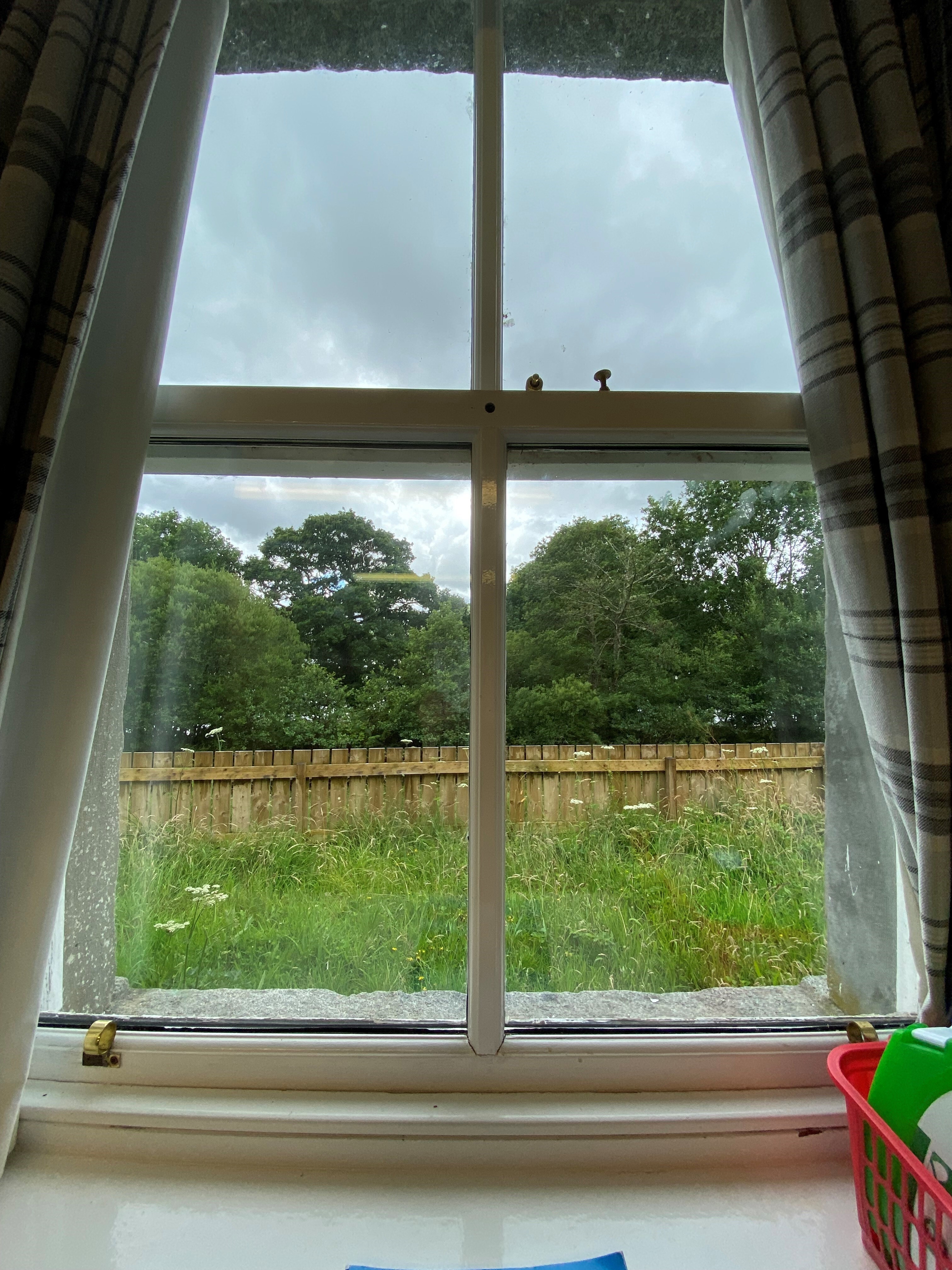 View through a window framed by plaid curtains, looking out onto a grassy garden with wildflowers, a wooden fence, and trees under a cloudy sky.