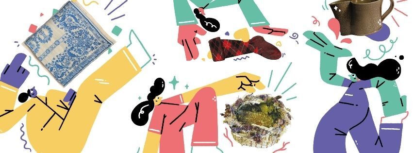 A colourful illustration of stylised people holding various objects, including a patterned cloth, a tartan sock, a ceramic jug, and a nest.