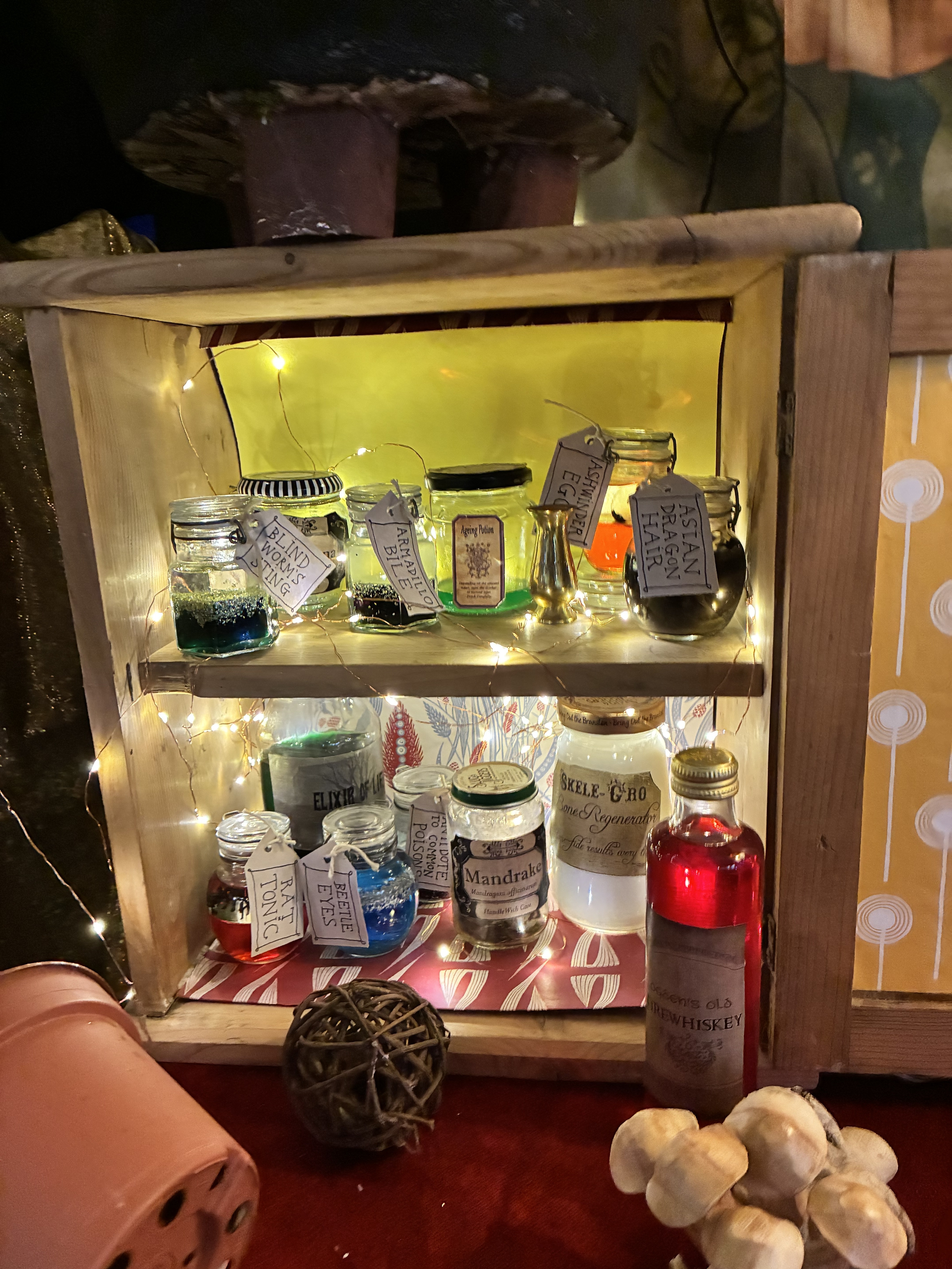 A cabinet,placed on a table. It is lit up and contains bottles of potions