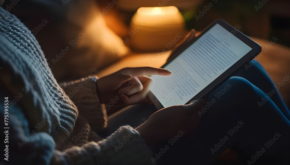Person reading an e-book on a tablet in a dimly lit room with a lamp in the background.