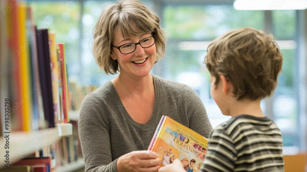 Adult handing a colorful children’s book to a child in a library.