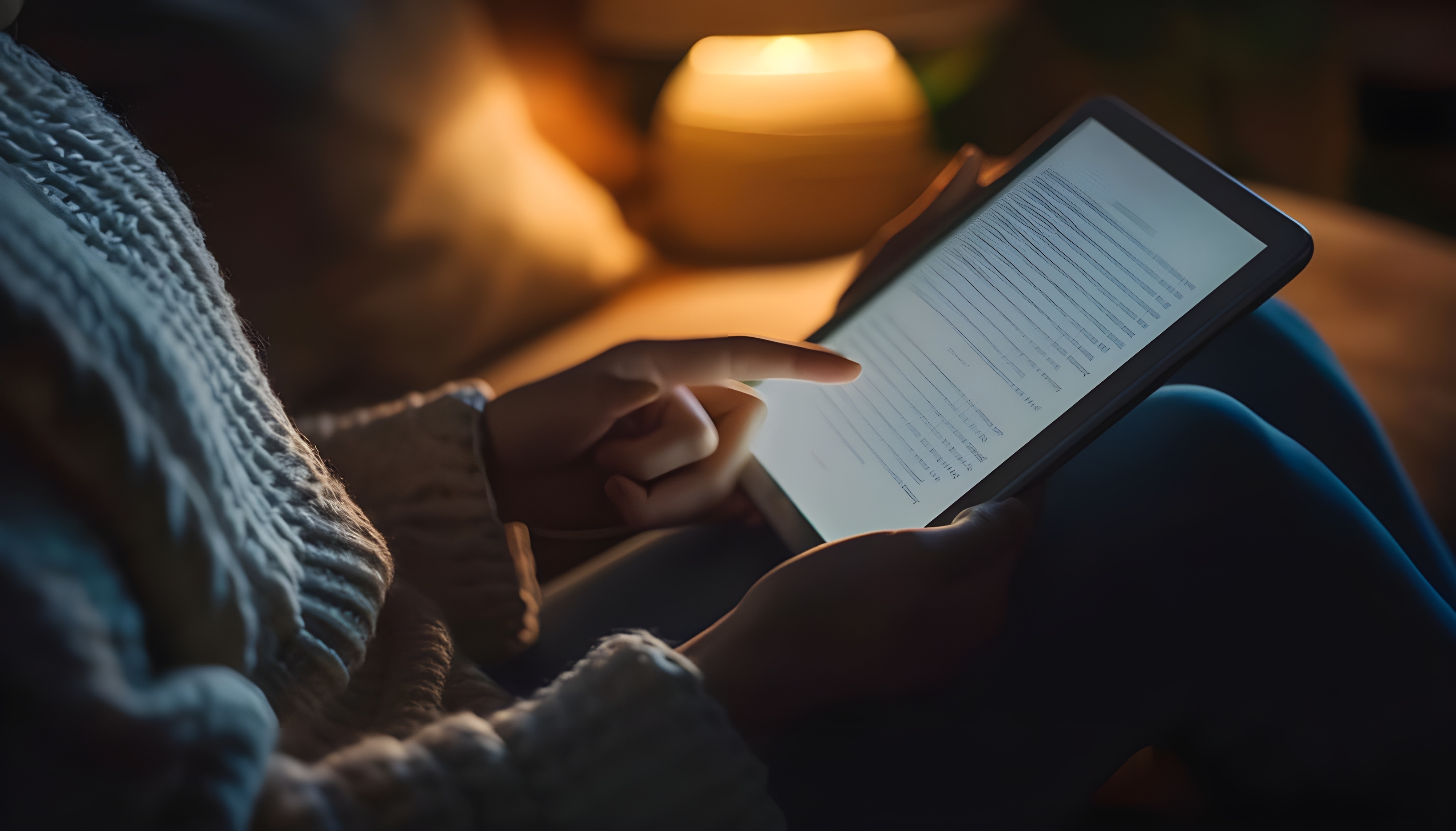 A person sits in a dimly lit, cozy room reading on a tablet, gently touching the screen. A warm lamp glows in the background, creating a relaxed atmosphere.