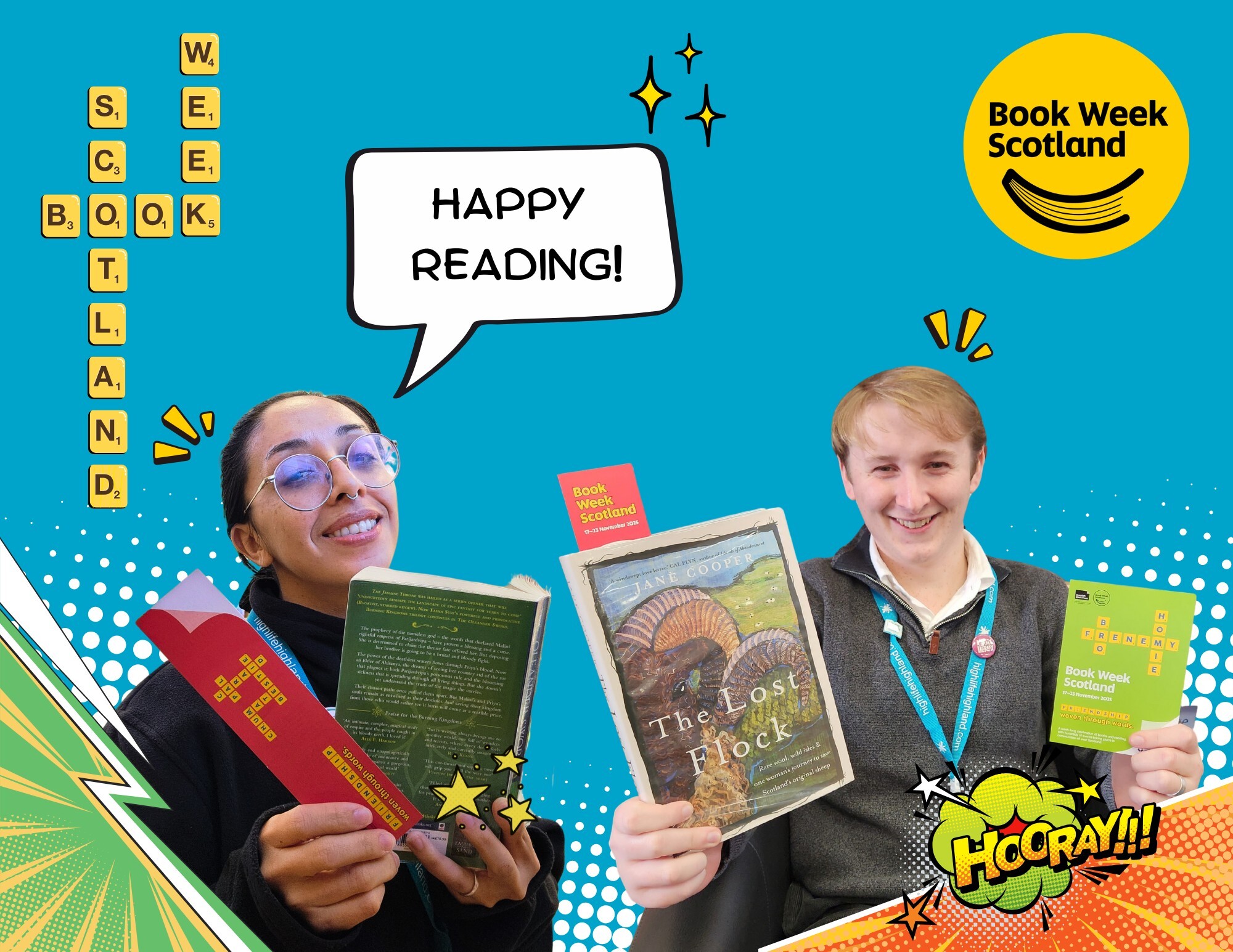 Two library staff holding books with blue background and image graphics.