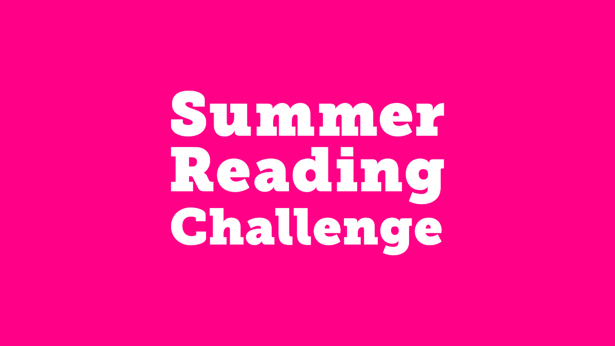 White text reading “Summer Reading Challenge” on a bright pink background.