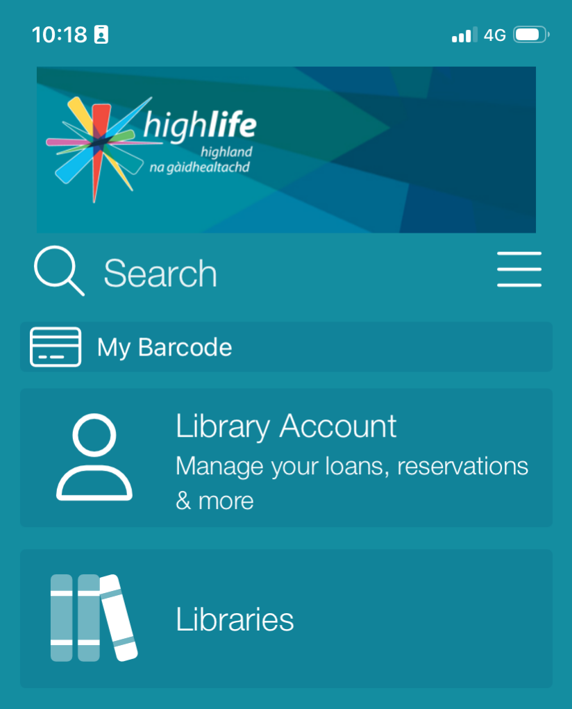 High Life Highland app home screen with options: Search, My Barcode, Library Account, Libraries, Cardholder Benefits, Accessibility Statement, and Donate.