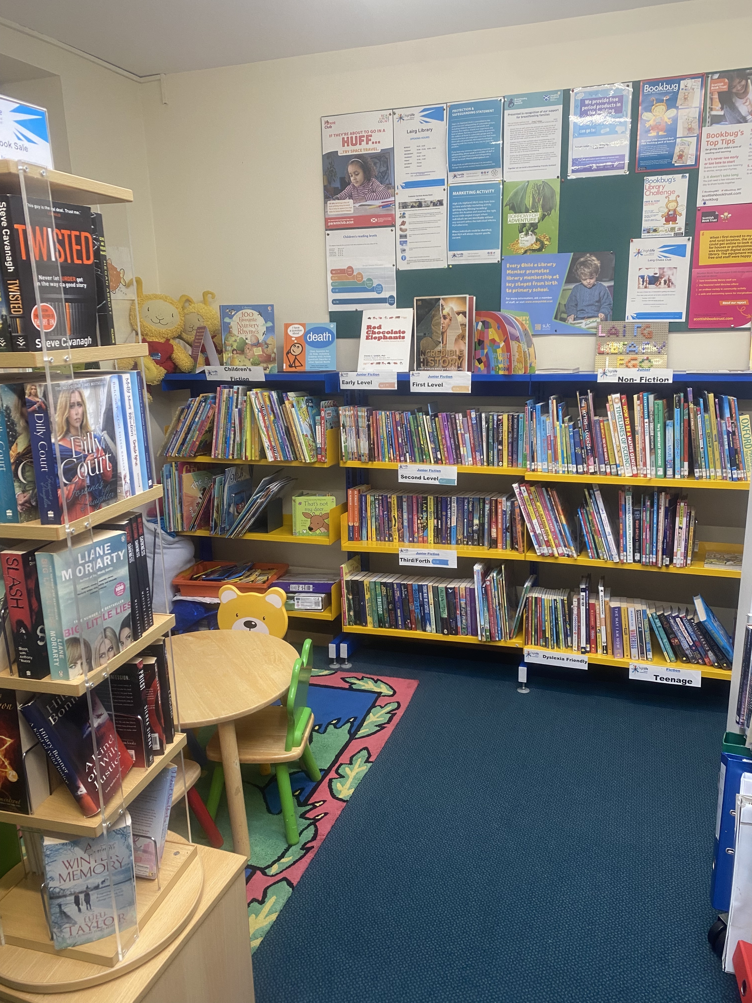 Children’s library corner with low shelves of colorful books, a small table and chairs, a rug, and posters on the wall.