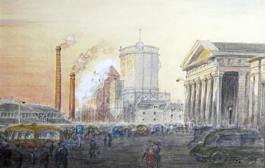 A painted city scene shows a street with parked cars and buses, people walking, large industrial buildings with smoking chimneys on the left, and a classical building with columns on the right. The sky is softly tinted, and the painting is signed “G. 1965.”