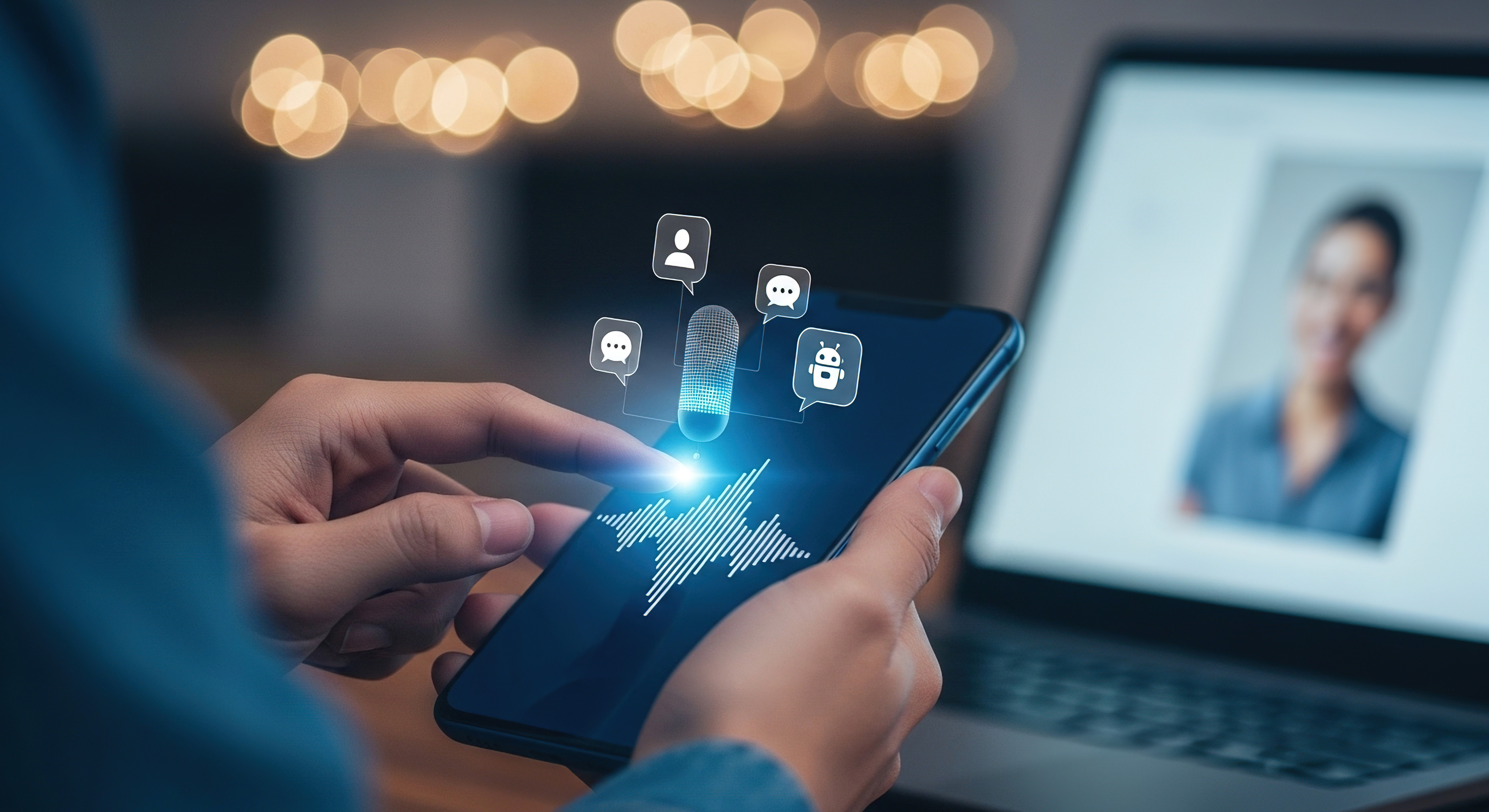 Hands holding a smartphone with digital assistance icons displayed on the screen, with a laptop in the background.