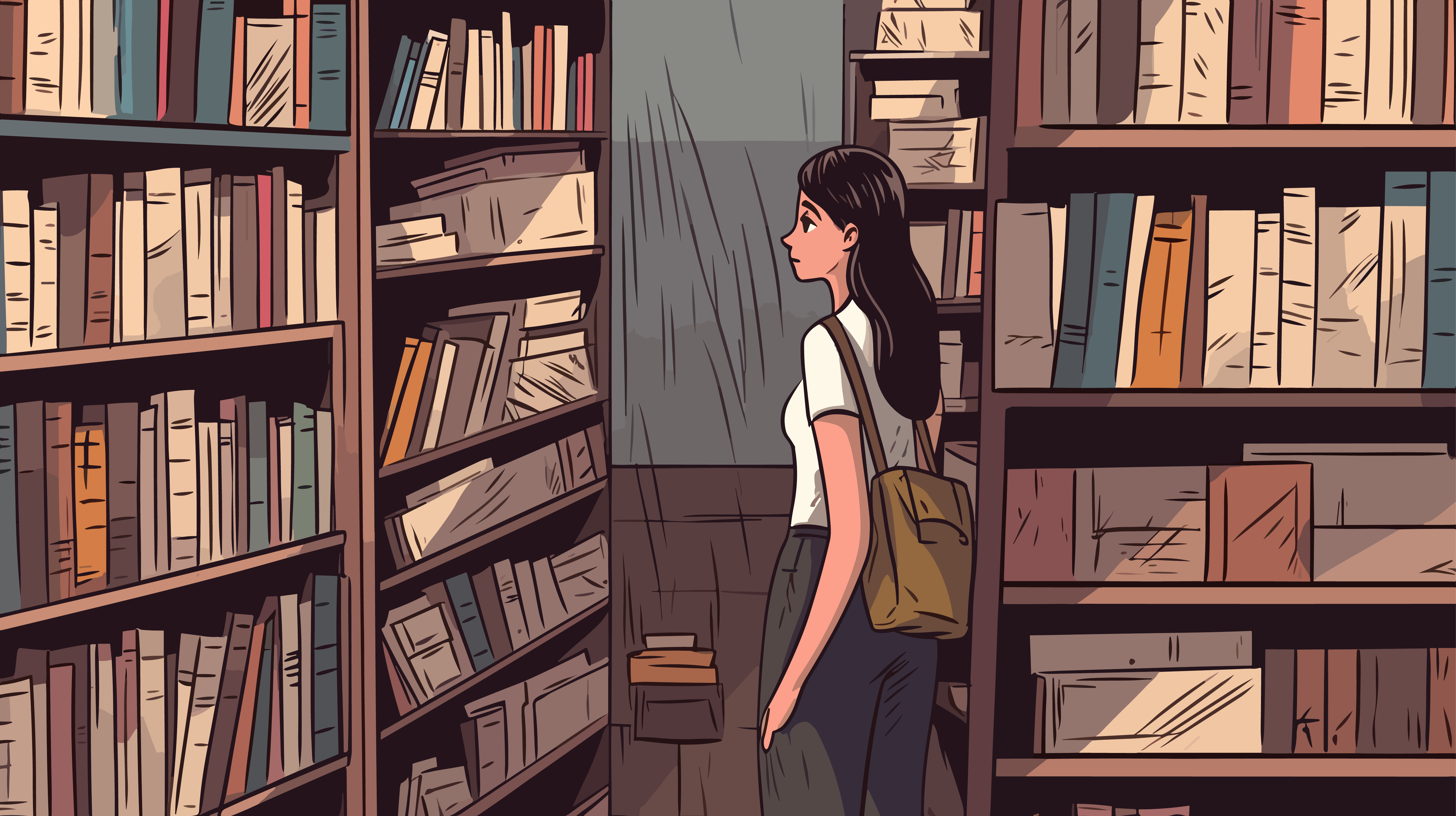 An illustrated person standing between tall bookshelves in a library, looking at the shelves.