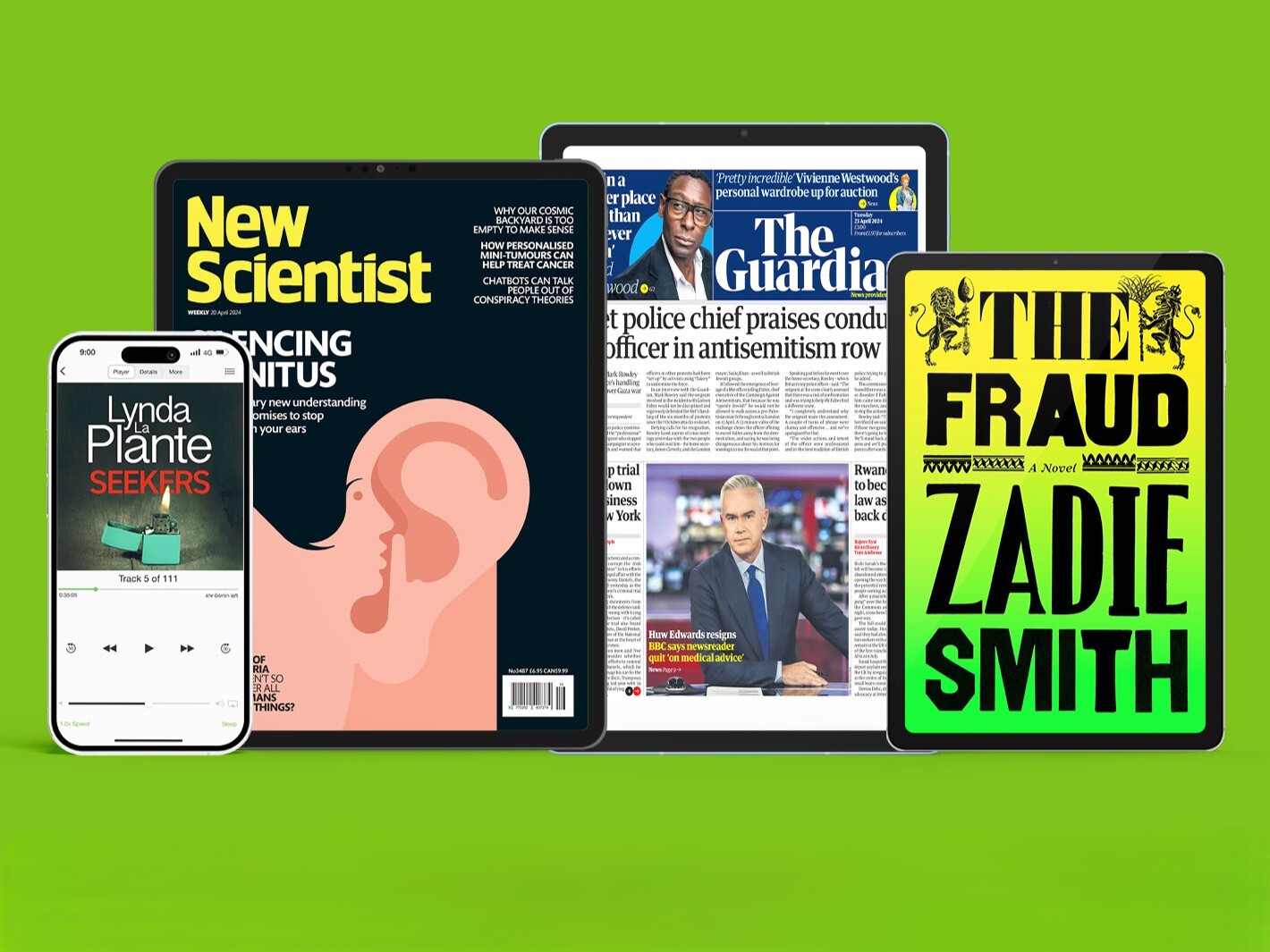 Digital devices on a green background showing an audiobook, a New Scientist cover, a Guardian front page, and a bright cover of The Fraud by Zadie Smith.
