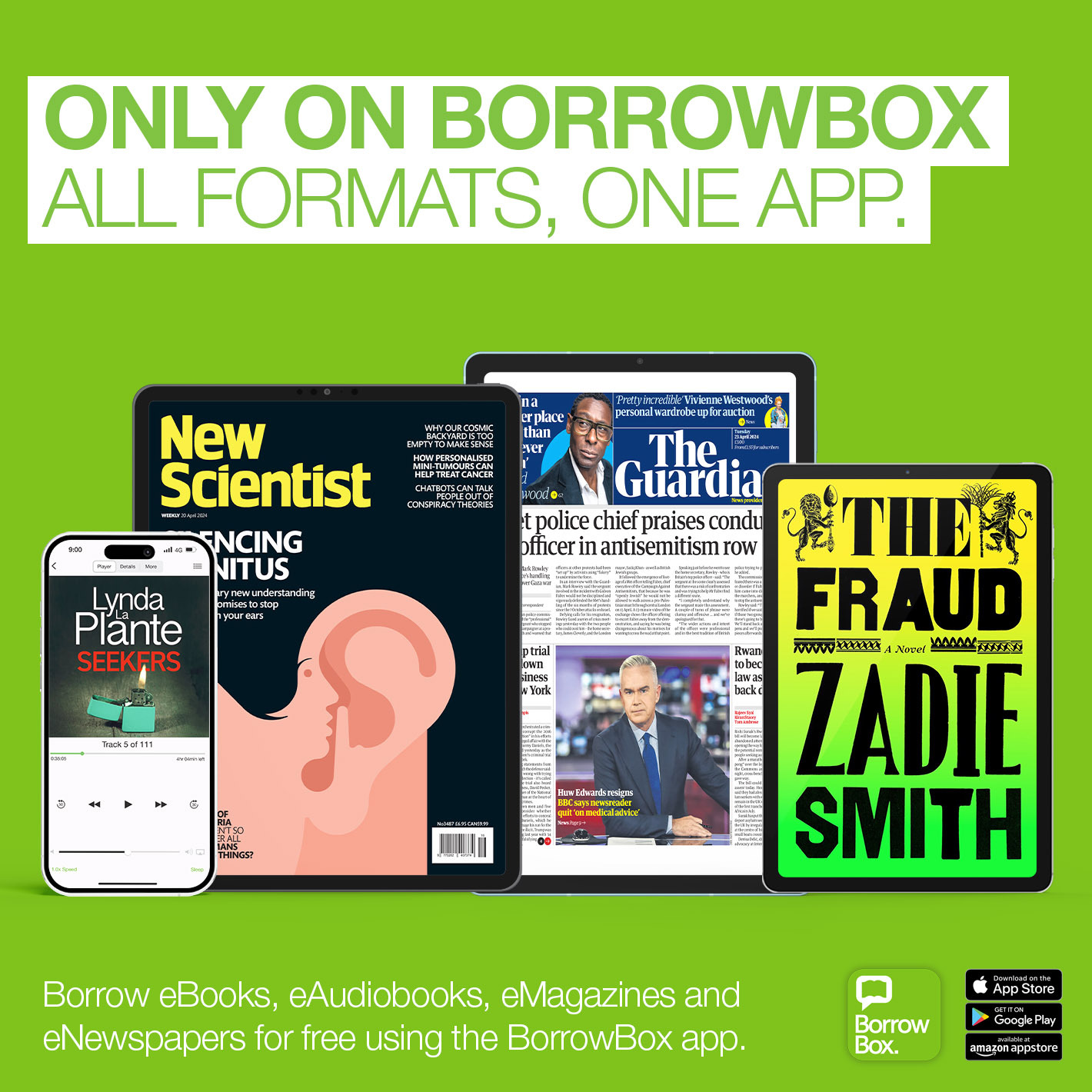 BorrowBox promo showing eBook, eAudiobook, eMagazine and eNewspaper covers on mobile devices with text promoting all formats in one app.