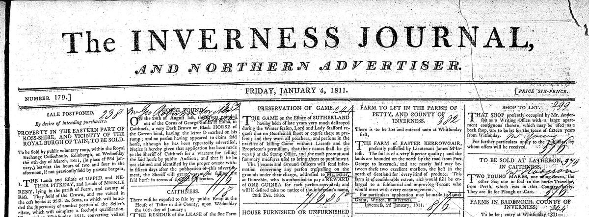 Inverness Journal newspaper frontpage with black and white columns of text.