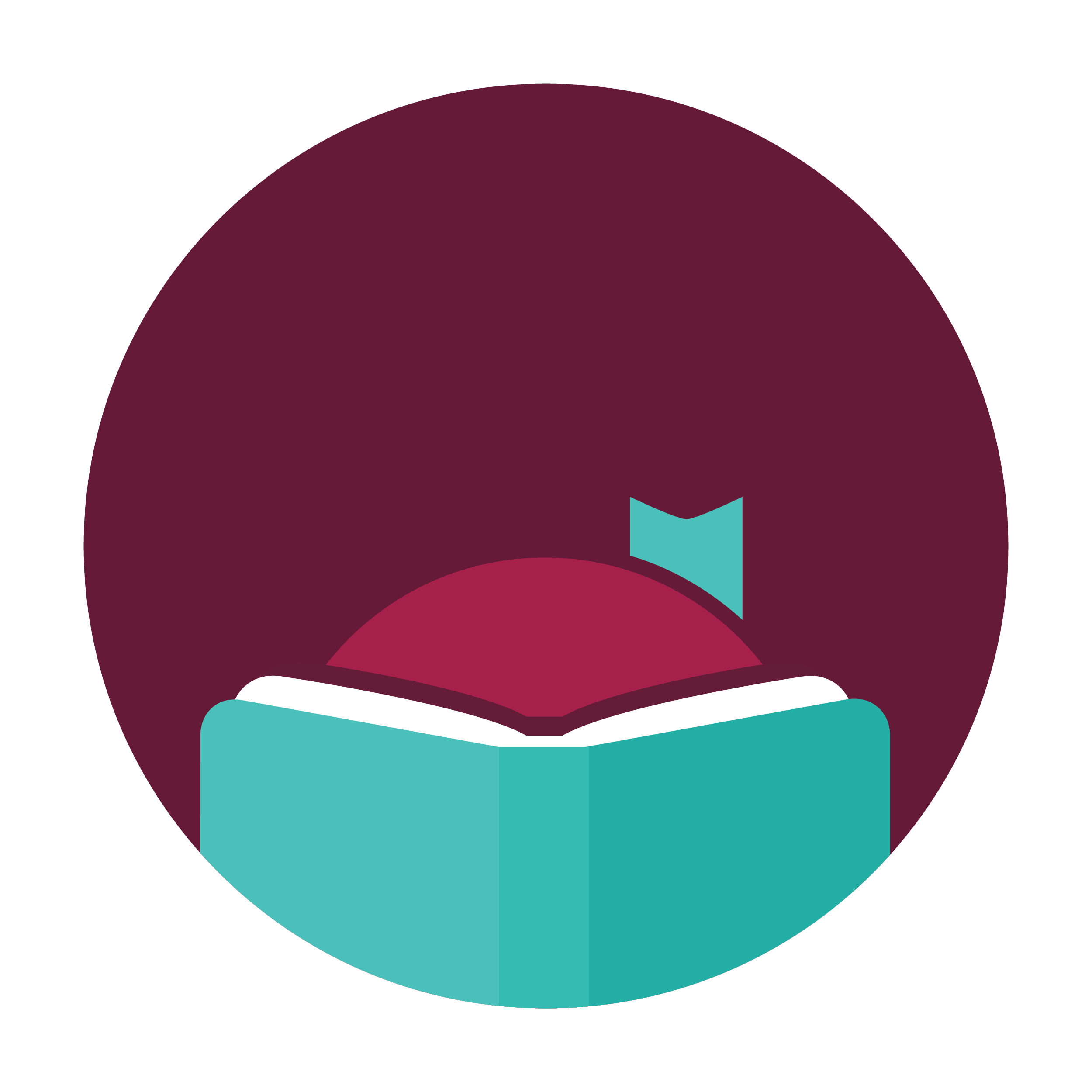 Stylized graphic logo of an open teal book with a red dome-shaped figure and a teal bookmark inside a dark maroon circle.