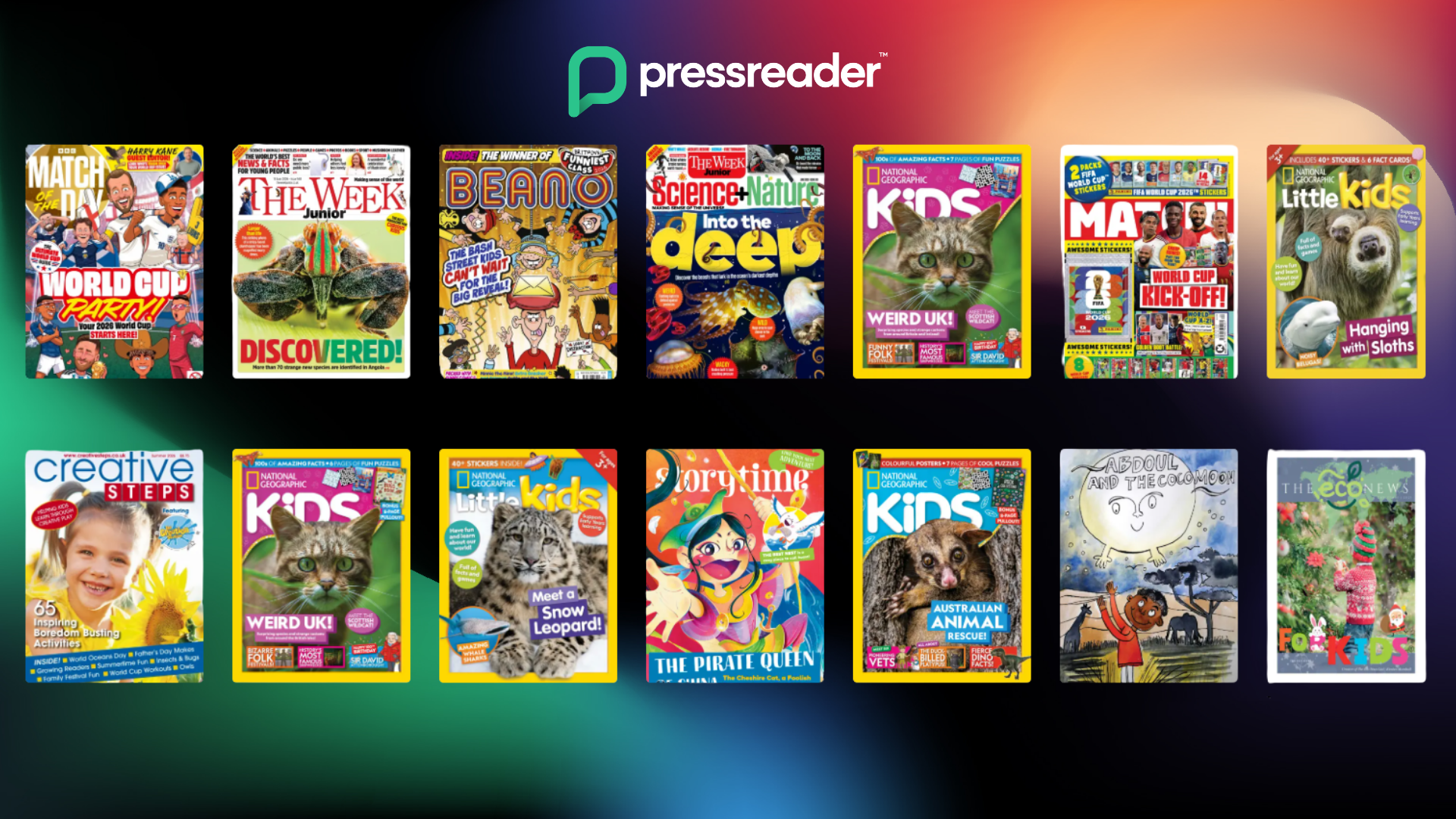 PressReader banner showing a grid of colourful children’s magazine and book covers, including Beano, National Geographic Kids, and Storytime, on a gradient background.