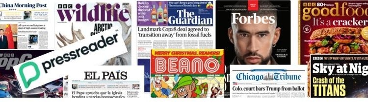 A collage of magazine and newspaper front covers, including titles such as the South China Morning Post, BBC Wildlife, The Guardian, TopGear, El País, The Beano, the Chicago Tribune, BBC Good Food, and BBC Sky at Night. A large PressReader logo is placed prominently toward the left side of the collage.