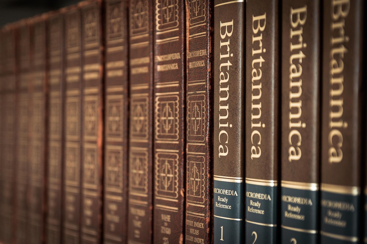 Several volumes of the Encyclopedia Britannica lined up on a shelf, showing their brown and gold spines with titles and volume numbers visible.