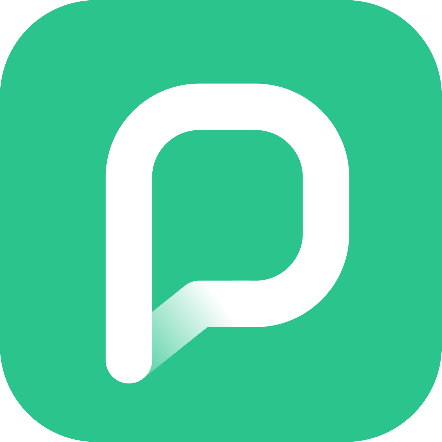 White stylized letter ‘P’ logo with a subtle gradient at the lower-right corner, set against a green rounded-square background.”