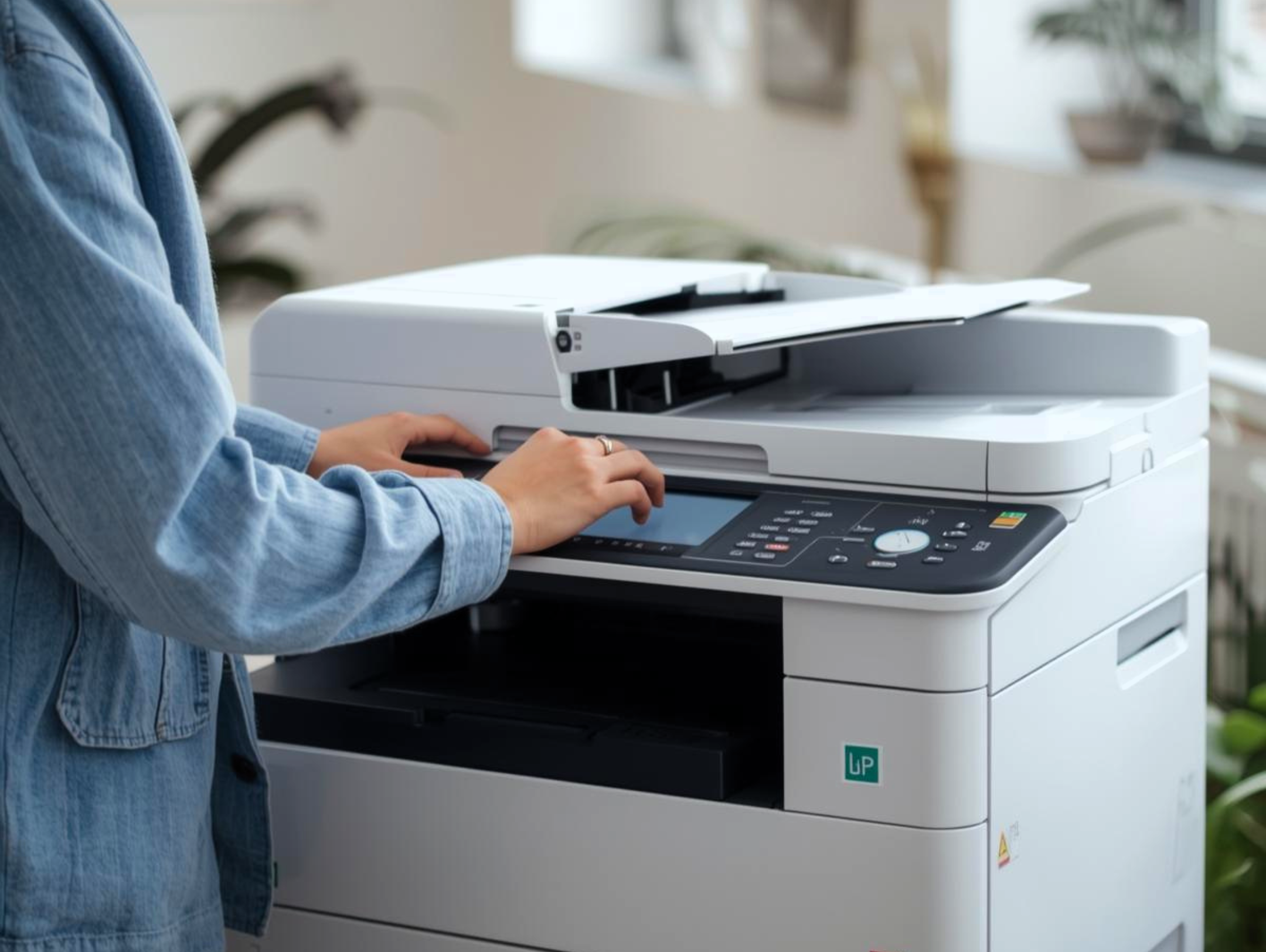 Person standing at a large office photocopier, using the touchscreen control panel. The photocopier lid is open, and the scene is set in a bright room with plants in the background.