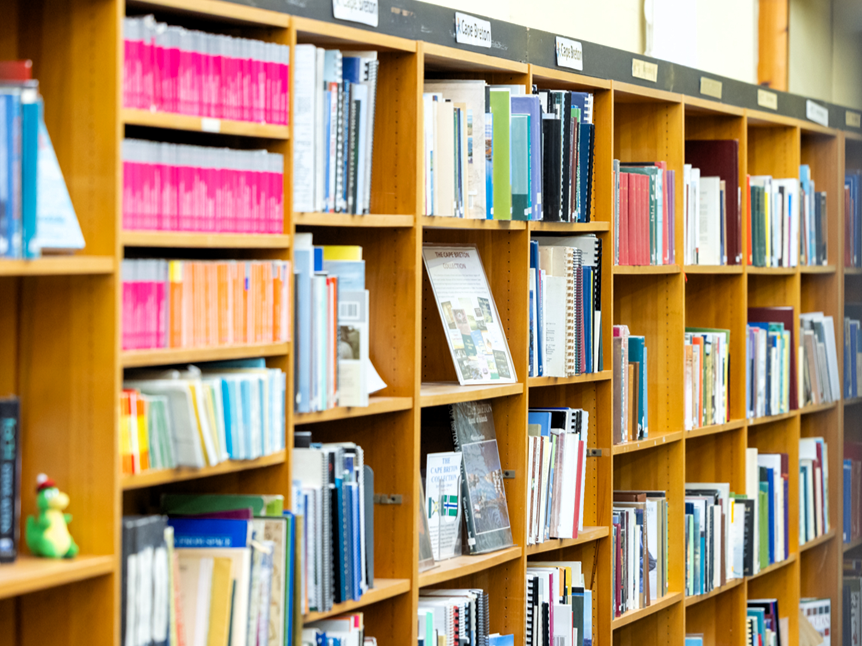 Rows of wooden library shelves filled with books of various sizes and colours, including bright pink and orange volumes. The shelves are neatly organised with labelled sections along the top.