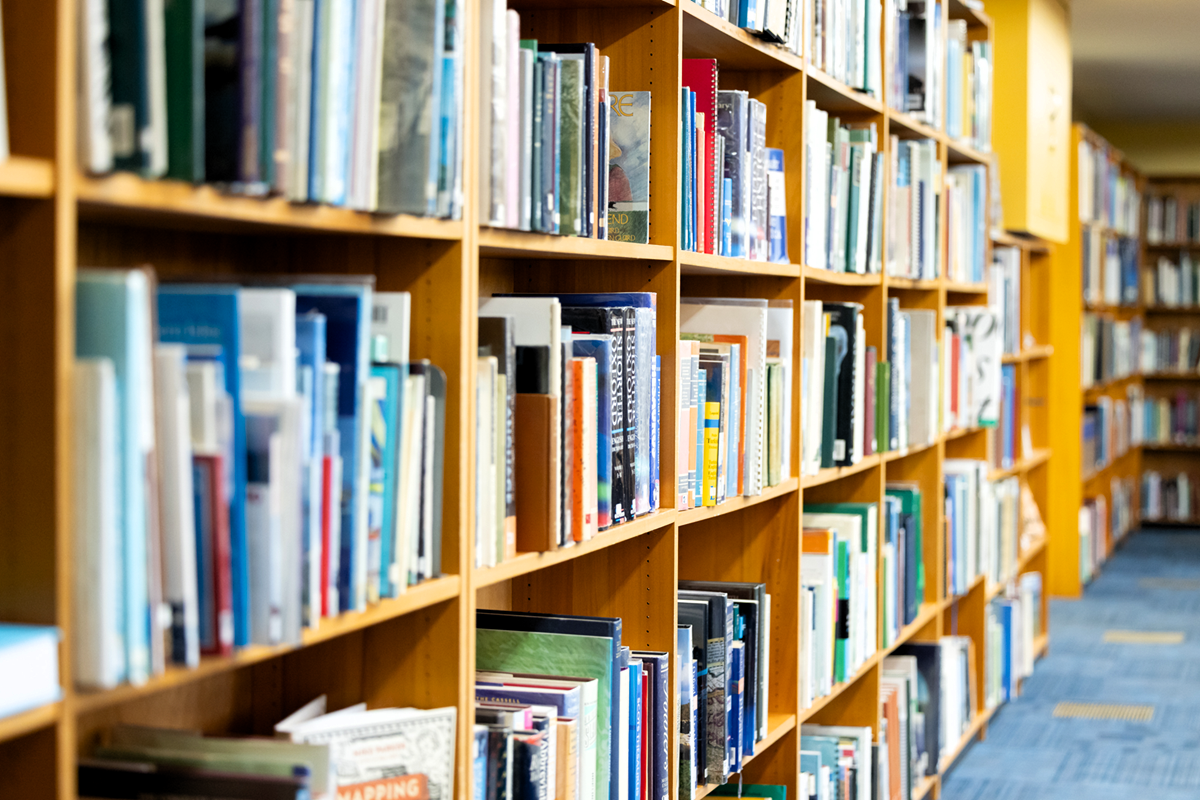 Long row of wooden library shelves filled with books of various colours and sizes, extending down a blue‑carpeted aisle.