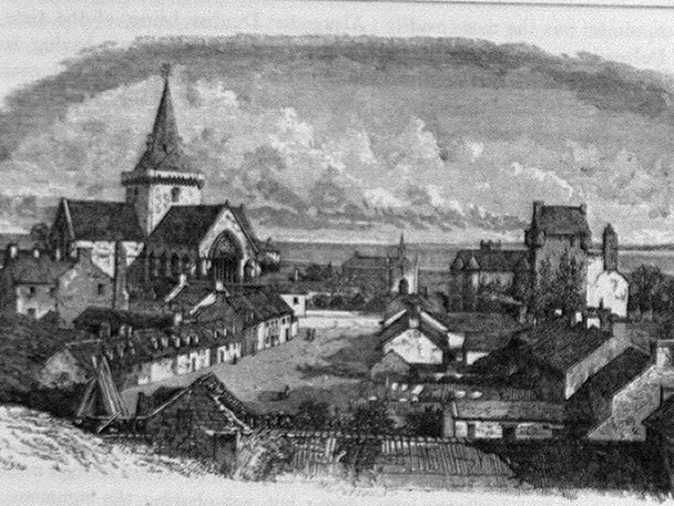 Black‑and‑white illustration of a small historic town with stone buildings clustered around open streets. A large cathedral with a tall spire stands on the left, and a square tower—described as the remaining tower of the old castle—stands to the right. Low clouds stretch across the sky above the town.