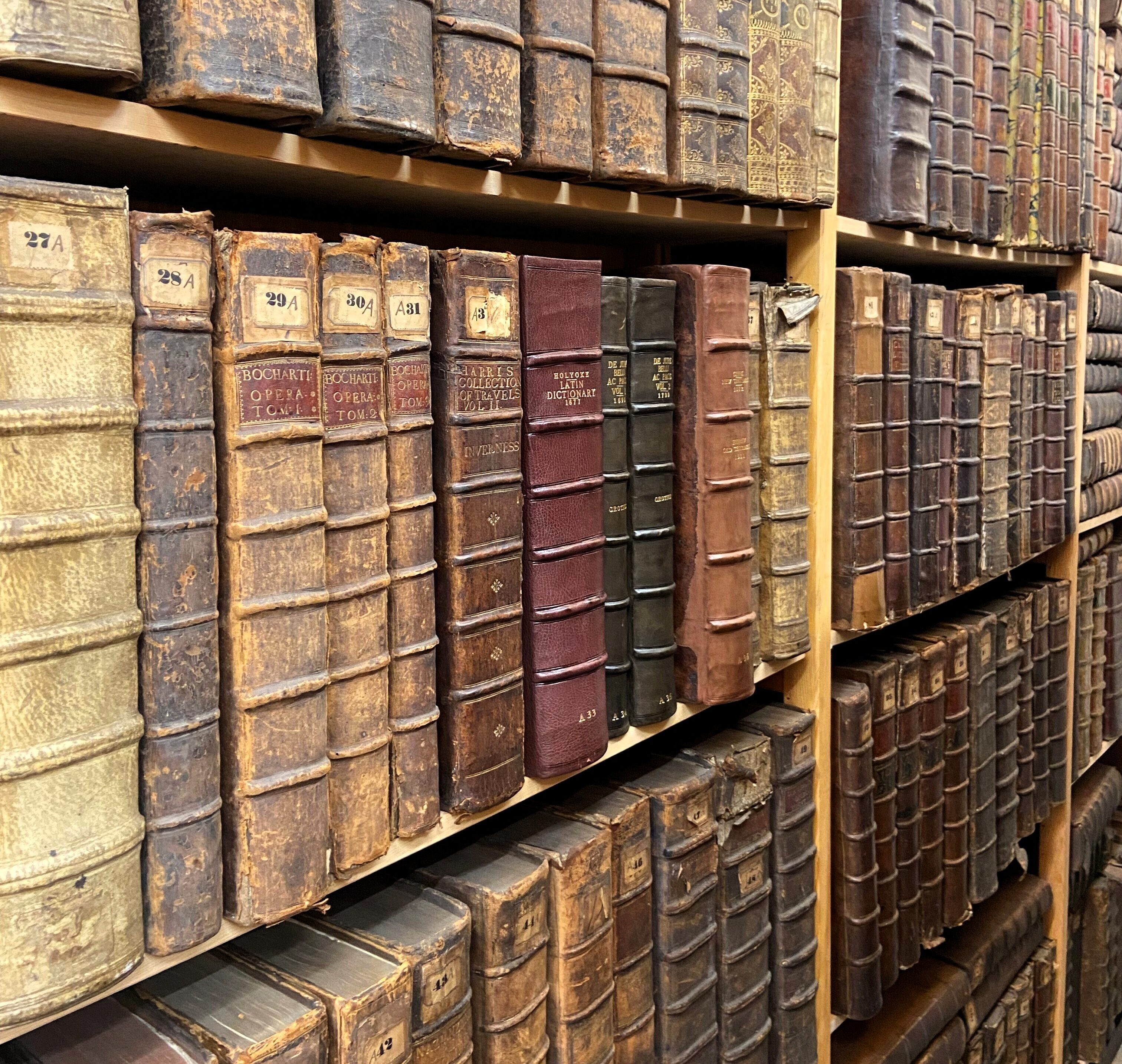 A close-up view of shelves filled with tightly packed rows of large, worn leather-bound books, many with raised bands on the spines and faded labels, showing the age and historic character of the collection.