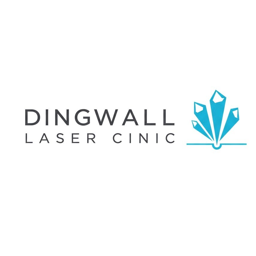 Logo for Dingwall Laser Clinic featuring the text ‘Dingwall Laser Clinic’ in grey, accompanied by a turquoise geometric emblem resembling stylised crystal shapes on the right.