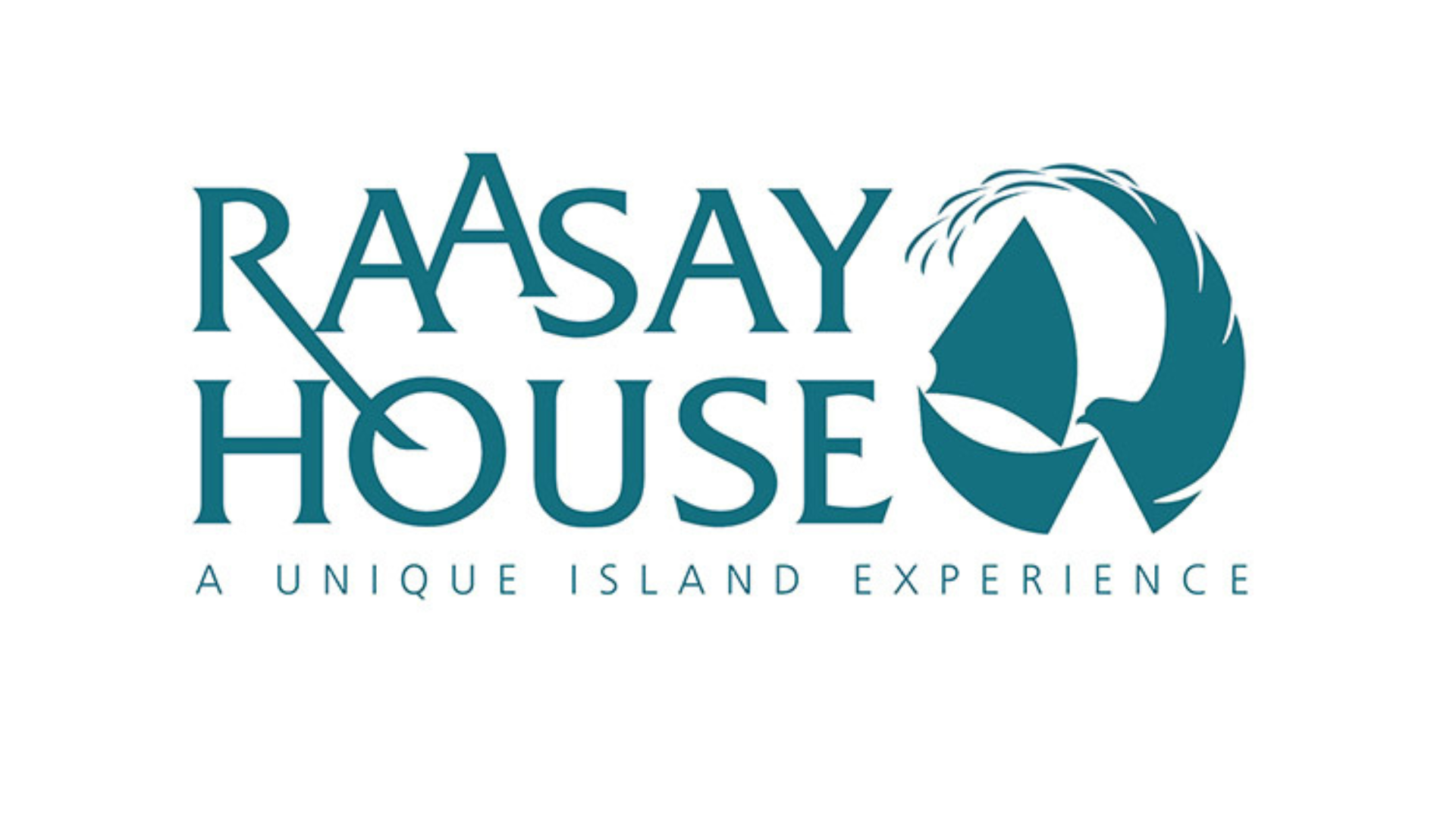 Logo for Raasay House featuring stylized teal text that reads “RAASAY HOUSE” with the tagline “A Unique Island Experience” underneath.