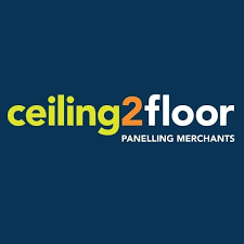 Logo for ‘ceiling2floor’ with the words ‘ceiling’ in lime green, ‘2’ in orange, and ‘floor’ in white on a dark blue background, with the tagline ‘Panelling Merchants’ underneath.