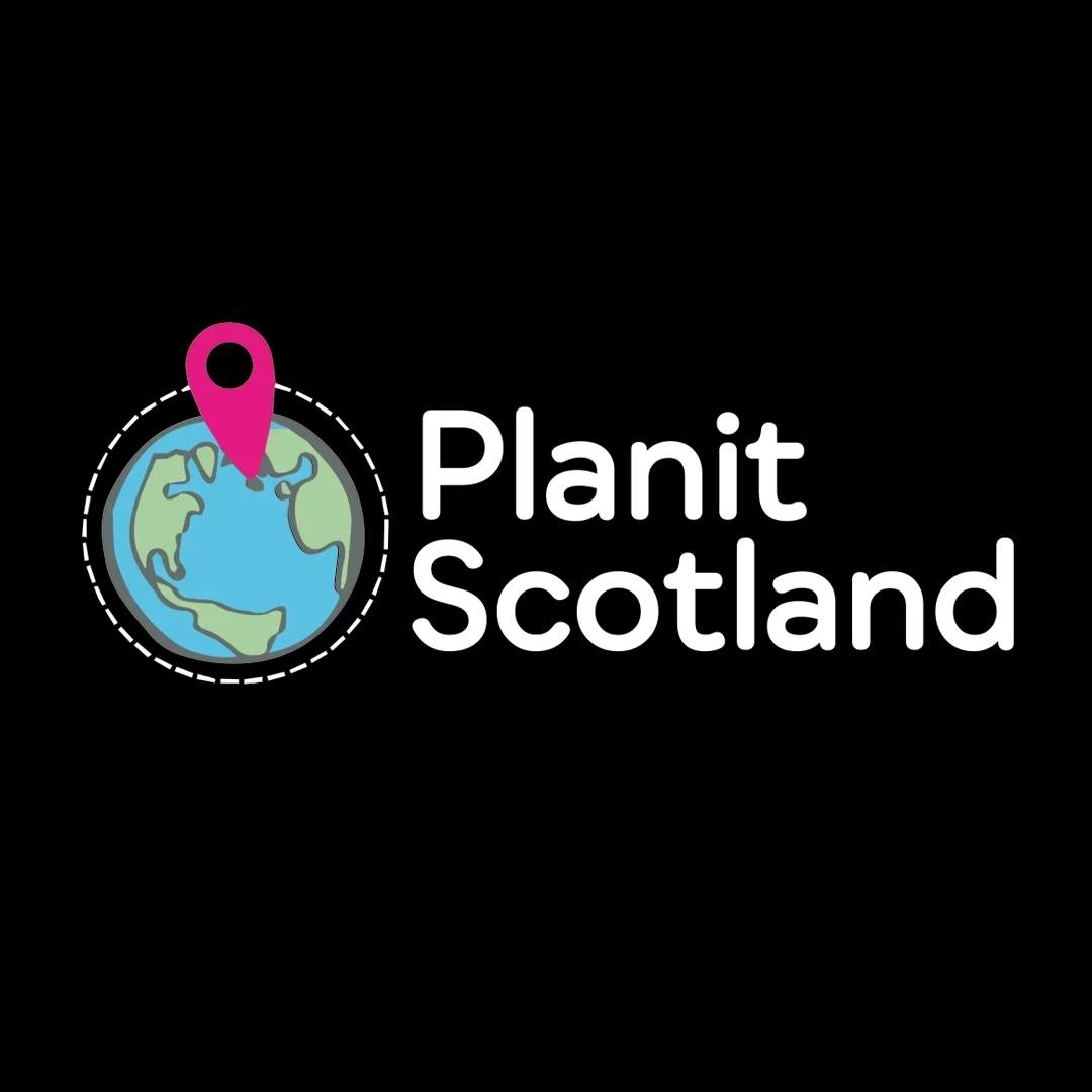 Planit Scotland logo featuring a cartoon-style globe with a pink location pin on it, next to the text ‘Planit Scotland’ in white on a black background.