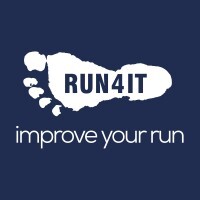 Run4It logo showing a white footprint shape with ‘RUN4IT’ in bold inside it, above the tagline ‘improve your run’ on a dark blue background.