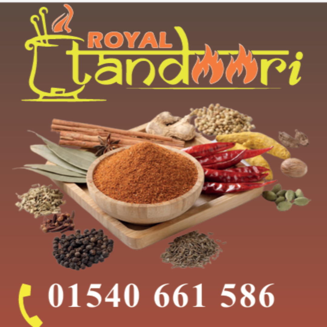 Royal Tandoori graphic featuring a stylised yellow tandoor oven illustration with the text ‘Royal Tandoori,’ where ‘tandoori’ includes flame-shaped letters. Below is an assortment of spices, including red chillies, cinnamon sticks, bay leaves, peppercorns, and ground spice in a wooden bowl, along with the phone number 01540 661 586 in yellow.