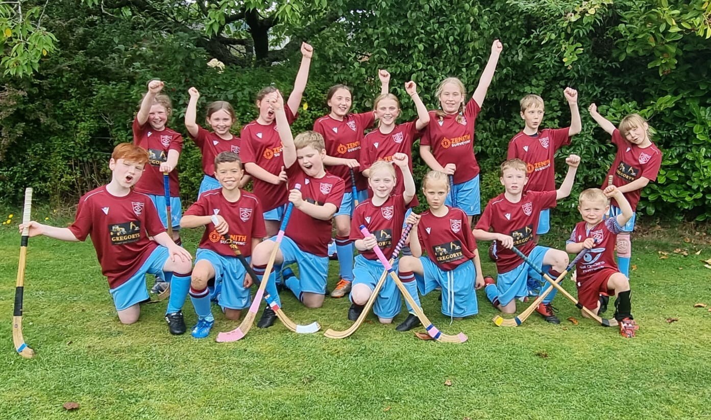 A group of fifteen young shinty players wearing blue shorts and red tops. They are holding shinty sticks and celebrating their success. They are standing on a grassy area in front of some trees.