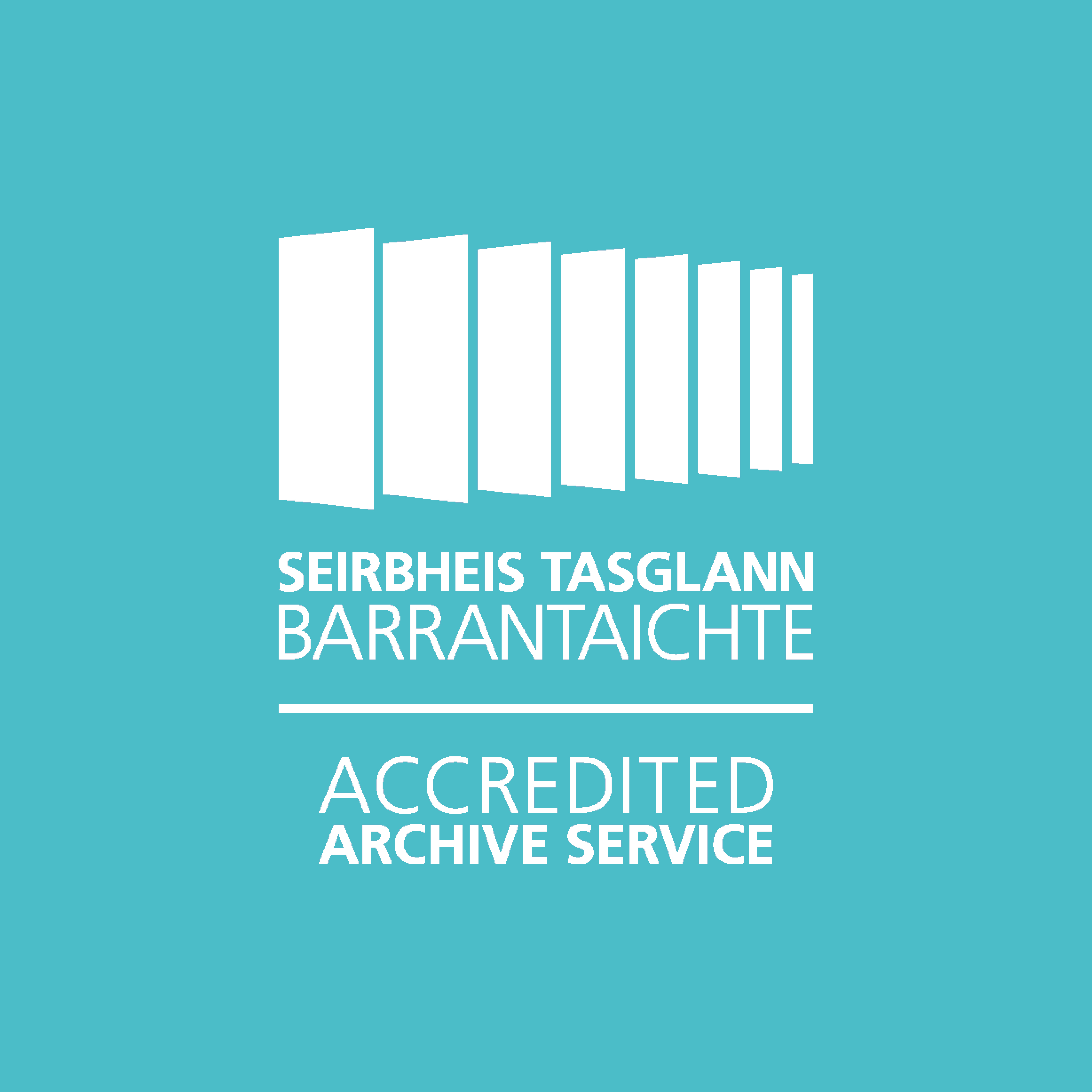 A sky blue logo with the English and Gaelic words 'Accredited Archive Service' and 'Seirbheis Tasglann Barrantaichte'