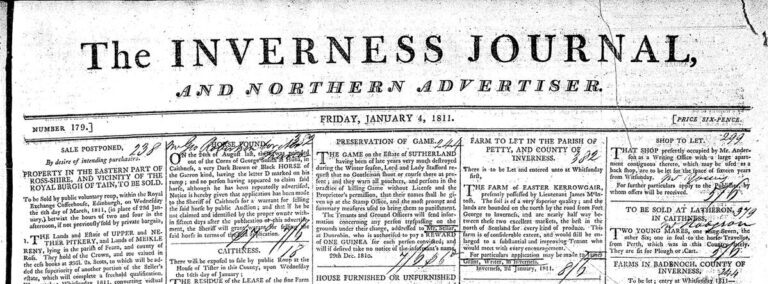 A cropped image of the masthead and top section of an 1811 issue of The Inverness Journal, and Northern Advertiser. The date “Friday, January 4, 1811” appears beneath the title. Below the masthead are several small printed notices and advertisements, including property sales, farm leases, and local announcements, arranged in narrow newspaper columns.