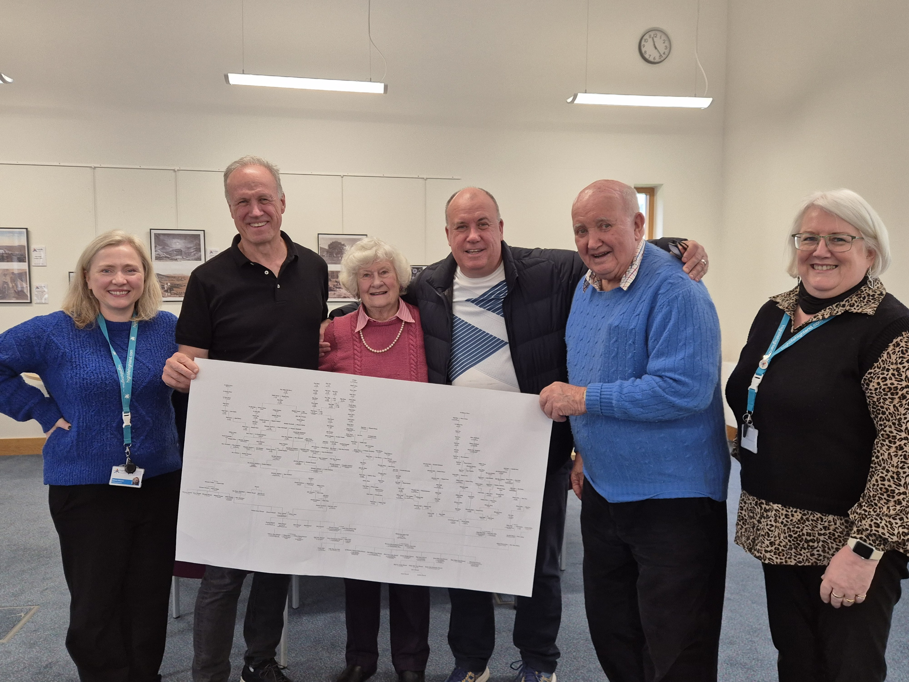 A group of people, both Highland Archive Service staff and service users, holding an extensive family tree