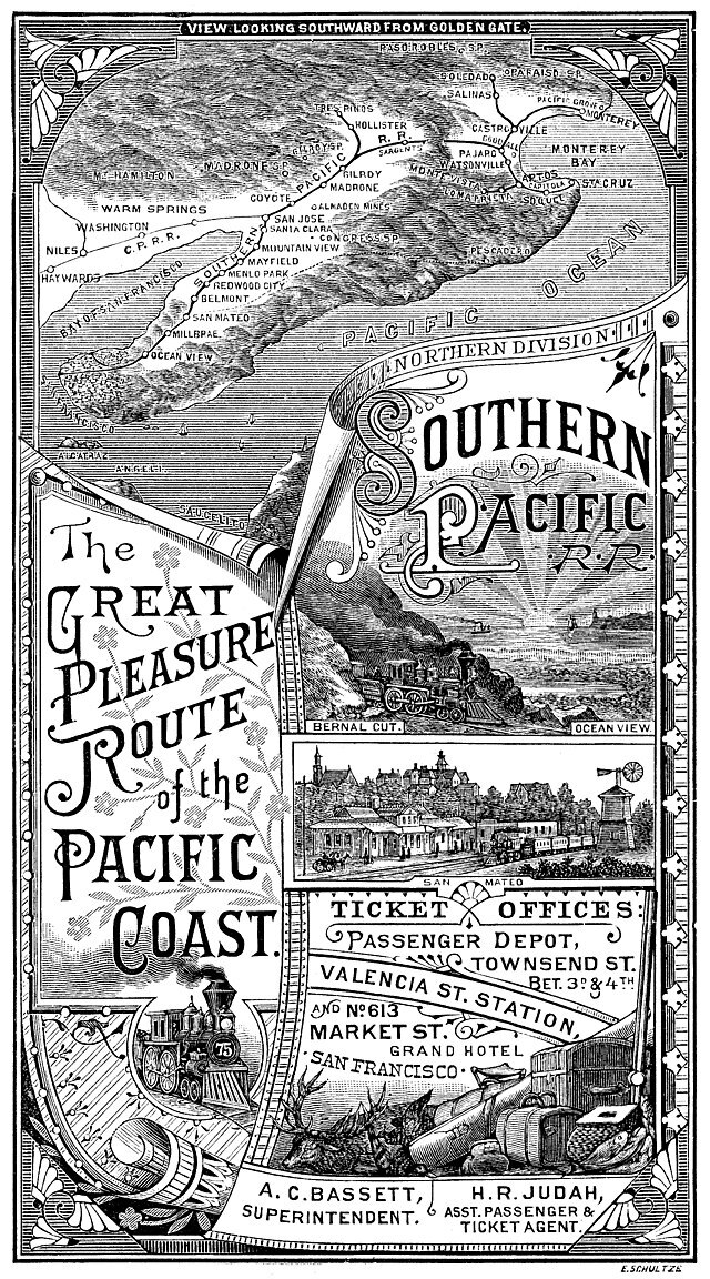 Black and white advert for The Great Pleasure Route of the Pacific Coast Southern Pacific Railroad 1885 showing map from the Golden Gate bridge southward as well as drawings of trains and the landscape that passengers might encounter on their journey