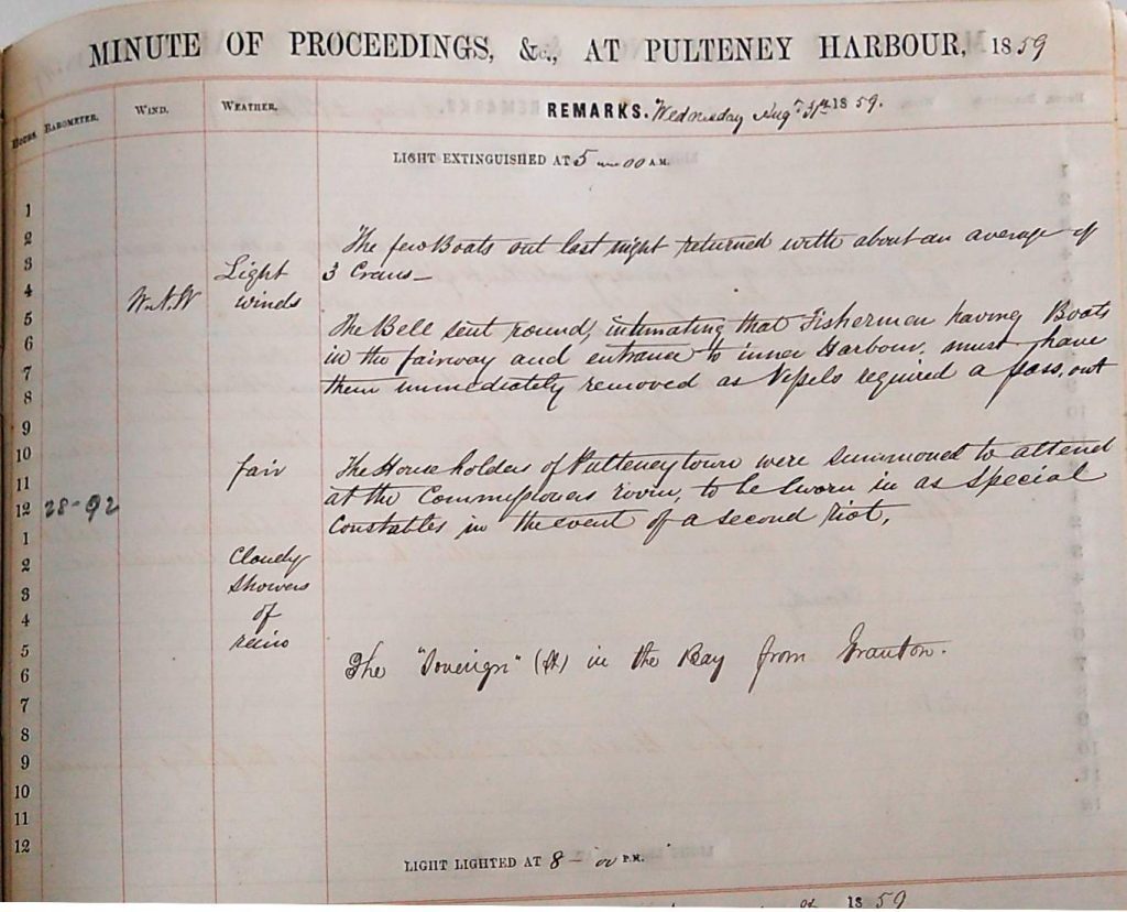 A handwritten page from the "Minute of Proceedings at Pulteney Harbour, 1859," dated Wednesday, August 31st, 1859. The page includes columns for "Power," "Wind," and "Weather," with entries noting "light winds," "fair," and "cloudy with showers of rain." The remarks section records:

Light extinguished at 5:00 AM and lighted at 8:00 PM.
Notes include:

"The fish boats out last night returned with about an average of 6 crans."
"The bell tent removed, intimating that fishermen having boats in the fairway and without to leave harbour must have them immediately removed as vessels required a passage."
"The householders of Pulteneytown were summoned to attend at the Commerical Inn to be sworn in as special constables in the event of a second riot."
"The 'Sovereign' (H) in the Bay from Granton."

The handwriting is cursive in brown ink on lined paper, with structured headings and detailed remarks.