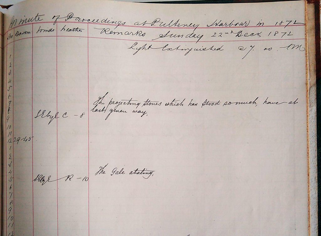 An open logbook page titled “Minute of Proceedings at Pulteney Harbour in 1872,” dated Sunday, 22nd December 1872. The page is ruled into columns labeled “Hours,” “Barometer,” “Wind,” “Weather,” and “Remarks.” Handwritten notes include “Light extinguished @ 7.20 AM,” “The projecting stones which has stood so much, have at last given way,” and “The gale abating.” At the bottom, it reads “Light lighted @ 4.30 PM.” The handwriting is cursive, and the page has neat red and black ruling.
