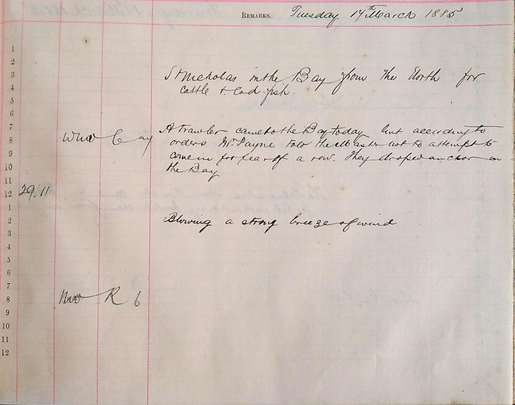 An open logbook page titled “Pulteney Harbour in 188[5],” dated Tuesday, 17th March 1885. The page is ruled into columns labeled “Hours,” “Barometer,” “Wind,” “Weather,” and “Remarks.” Handwritten notes include “St Nicholas in the Bay from the North for cattle & coal fish,” “A trawler came to the Bay today but according to orders Mr. Payne told the boats not to attempt to come in for fear of a row. They stopped an hour in the Bay,” and “Blowing a strong breeze of wind.” The handwriting is cursive, and the page has neat red and black ruling.